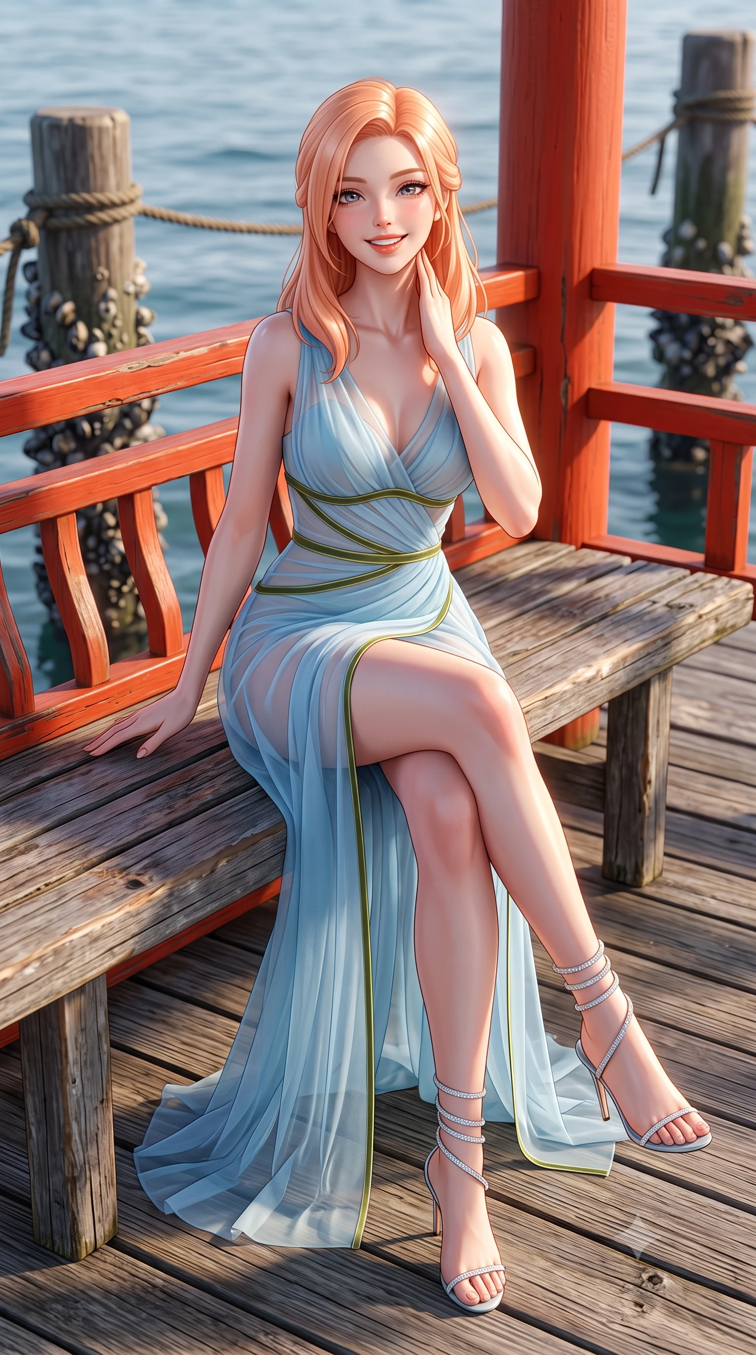 score_9, masterpiece, best quality, ultra-detailed, high-budget anime keyframe, semi-realistic 3D game render, editorial fashion photography, tasteful artistic composition, Japanese woman. low angle full-body shot from head to toe showing her feet, filling the entire 9:16 vertical frame with her statuesque presence, stretching her vertical silhouette. stepping forward in a confident stride, her long slender legs and curvaceous hips creating a dynamic, sweeping vertical line while sitting gracefully on the pavilion bench with legs crossed, running one manicured hand slowly down her neck with teasing seductive charm. The surrounding environment is rendered in vivid detail and crisp panoramic clarity: sharp vermilion lacquered joinery, weathered wood boardwalk grain, and shellfish barnacles on mooring posts in deep focus. She has an exceptionally tall and slender model-like 8.5-heads proportion, an ultra-slim waist, a flat toned midriff, narrow delicate ribcage, and beautifully sculpted feminine hips creating a graceful, slim hourglass silhouette without any bulky heaviness, with impossibly long slender legs. sharp v-shaped jawline, high-bridge nose, intricate jewel-like sparkling eyes with depth, thick eyelashes, glossy parted lips with a natural peach sheen, bright cheerful beaming smile with an enchanting and coquettish sensual glint, exuding both youthful cute charm and seductive allure, flawlessly proportioned anatomical accuracy, strict slender model proportions, natural body alignment, perfectly sculpted long slender limbs, ultra-slim waistline, clean dynamic posture without body distortion. wearing a provocative semi-sheer icy blue tulle cocktail dress with velvet ribbon piping contouring her narrow waist and hips in Gion antique matcha green and gilded gold leaf, made of fluid liquid jersey with seamless sculpting hold and smooth contours, complemented by strappy stiletto sandals with crystal ankle wraps accentuating her slender calves, the high-slit wrap tailoring accentuating her ultra-slim waistline and the enchanting curve of her feminine hips with alluring seductive charm. illuminated by sea water specular highlights and sharp rose-gold rim lights sculpting her dewy collarbones, ultra-slim waist, and curvy hips. highly saturated vibrant anime colors, detailed shading with soft gradients, rich glossy textures, high-contrast stereoscopic depth, volumetric dynamic lighting, master piece, 9:16 ratio