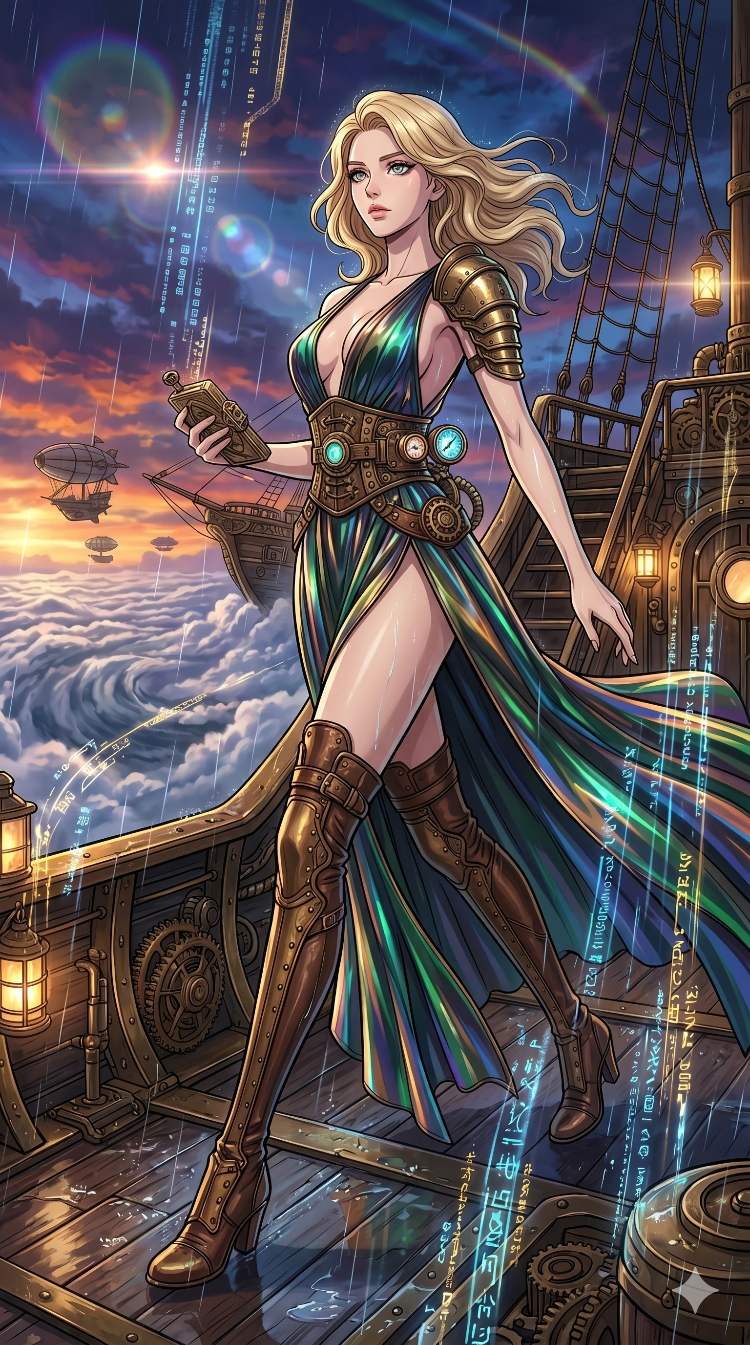 score_9, masterpiece, best quality, ultra-detailed, high-budget anime movie keyframe, cinematic anime lighting, intricate line art, Korean woman. Dynamic full-body shot stretching the vertical silhouette across the 9:16 frame. navigating a sea of clouds in a steampunk airship deck with holographic rain. She has an absolutely perfect 8-heads proportion, an exceptionally tall and slender female figure with an ultra-slim waist and impossibly long slender legs. sharp v-shaped jawline, high-bridge nose, intricate jewel-like eyes, thick eyelashes, glossy lips. Wearing avant-garde high-fashion gown made of iridescent vinyl with a dangerously high side slit and a plunging neckline, revealing an ultra-slim waist and long slender legs. The scene is illuminated by dramatic atmospheric lighting and vibrant color palettes. , 2k, ultra detail, master piece, 9:16 ratio