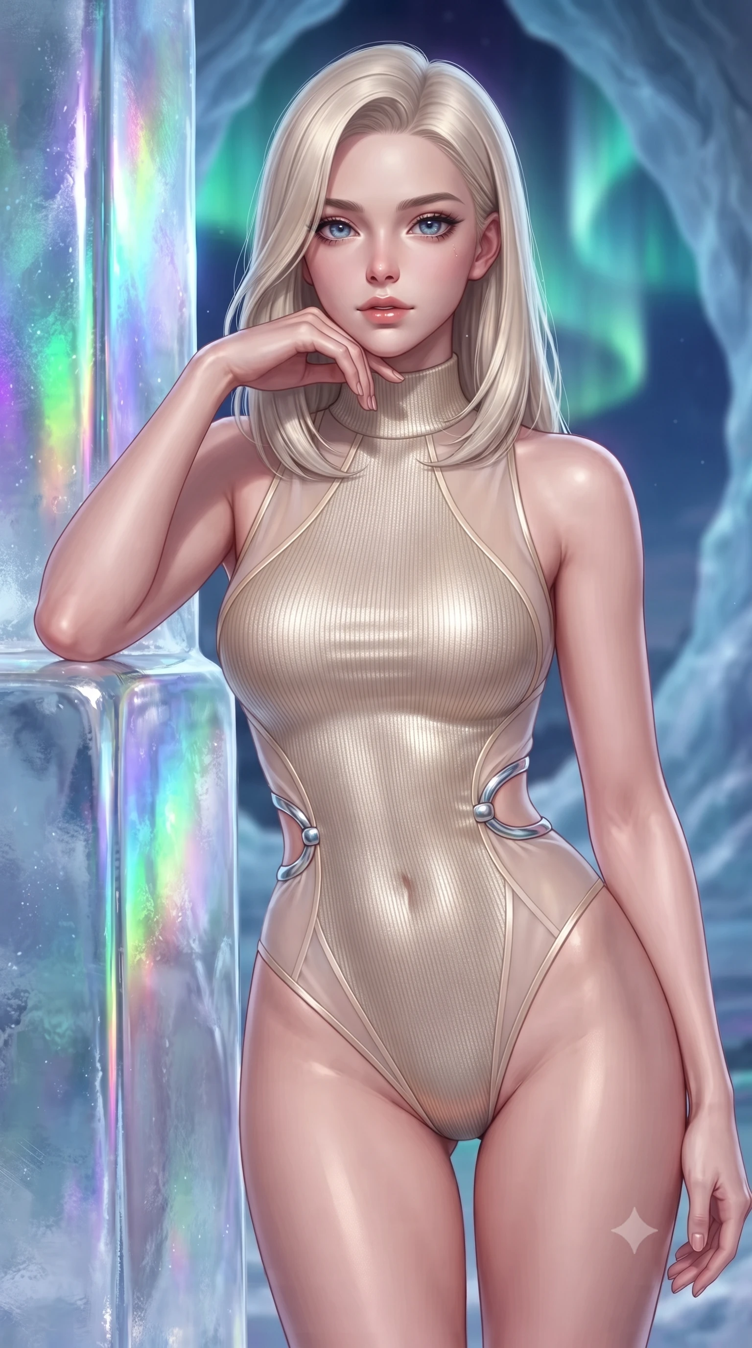 score_9, masterpiece, best quality, ultra-detailed, high-budget anime keyframe, editorial fashion photography, tasteful artistic composition, Caucasian woman. close-up cowboy shot from the waist and thighs up, the character dominates the composition, filling the frame with her large presence, background elements kept in soft focus. Resting her chin on the backs of her fingers with an air of effortless superiority, resting against a polished ice pillar reflecting radiant spectrums of polar light, cool silvery rim light tracing every curve of her figure. She has an exceptionally elegant, slender, and willowy female figure with an ultra-slim waist, a gracefully sculpted slender torso, and a refined silhouette. sharp v-shaped jawline, high-bridge nose, intricate jewel-like eyes with depth, thick eyelashes, glossy lips with a natural sheen. wearing sleek high-neck ribbed activewear bodysuit in pearl white in champagne gold, made of sheer opal chiffon overlay, accented with sculpted opal chrome rings at the waist, highlighting her statuesque proportions and ultra-slim waistline. lit by intense aurora key light cutting through clear translucent ice. highly saturated vibrant anime colors, detailed shading with soft gradients, rich glossy textures, high-contrast stereoscopic depth, volumetric dynamic lighting, master piece, 9:16 ratio