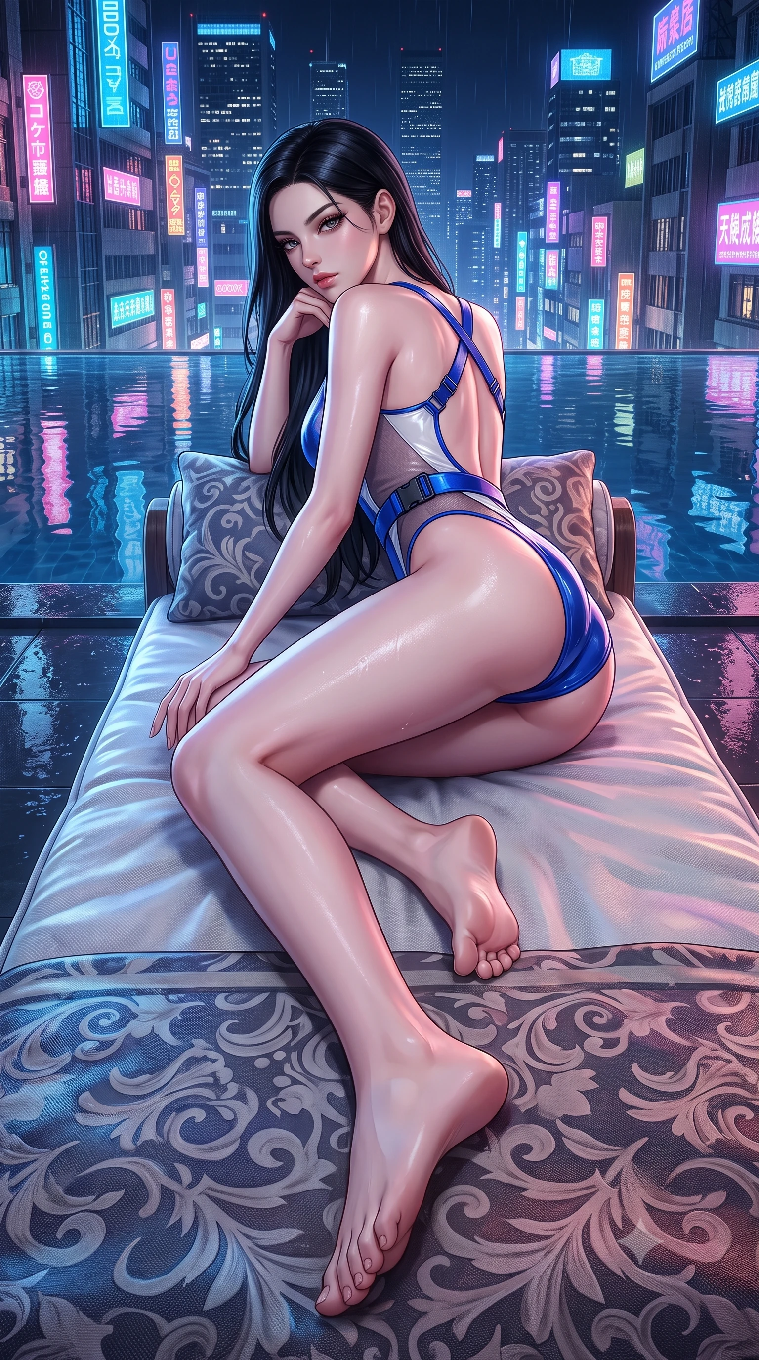 score_9, masterpiece, best quality, ultra-detailed, high-budget anime keyframe, semi-realistic 3D game render, editorial fashion photography, tasteful artistic composition, Korean woman. low angle full-body shot from head to toe showing her feet, filling the entire 9:16 vertical frame with her statuesque presence, stretching her vertical silhouette. reclining on her side in an elegant Cleopatra pose with one knee drawn up, the dramatic contour of her rounded hips and long slender legs commanding the 9:16 vertical frame while standing at the infinity pool edge with her back to the camera, twisting her torso to cast a smoldering, dangerous look over her shoulder. The surrounding environment is rendered in vivid detail and crisp panoramic clarity. detailed neon sign typography, wet fabric sheen, and night skyline reflections in high clarity. She has an absolutely perfect, statuesque 8.5-heads proportion, an exceptionally tall and slender model-like female figure with impossibly long slender legs, a toned flat midriff, an ultra-slim waist, and beautifully sculpted feminine hips. sharp v-shaped jawline, high-bridge nose, intricate jewel-like eyes with depth, thick eyelashes, glossy parted lips with a natural sheen, intensely captivating and seductive bedroom-eyes expression, flawlessly proportioned anatomical accuracy, strict slender model proportions, natural body alignment, perfectly sculpted long slender limbs, ultra-slim waistline, clean dynamic posture without body distortion. wearing a high-mobility athletic monokini with sheer mesh side contours and tactical buckle belt in electric cobalt blue and high-gloss white, made of breathable technical athletic mesh and liquid-finish track nylon, accented with criss-cross back harness straps framing her bare spine, the glove-like aerodynamic silhouette tightly following the natural contour of her hips and long slender legs with statuesque precision. surrounded by an electrifying, hypnotic, and irresistibly provocative nightlife goddess aura. highly saturated vibrant anime colors, detailed shading with soft gradients, rich glossy textures, high-contrast stereoscopic depth, volumetric dynamic lighting, master piece, 9:16 ratio