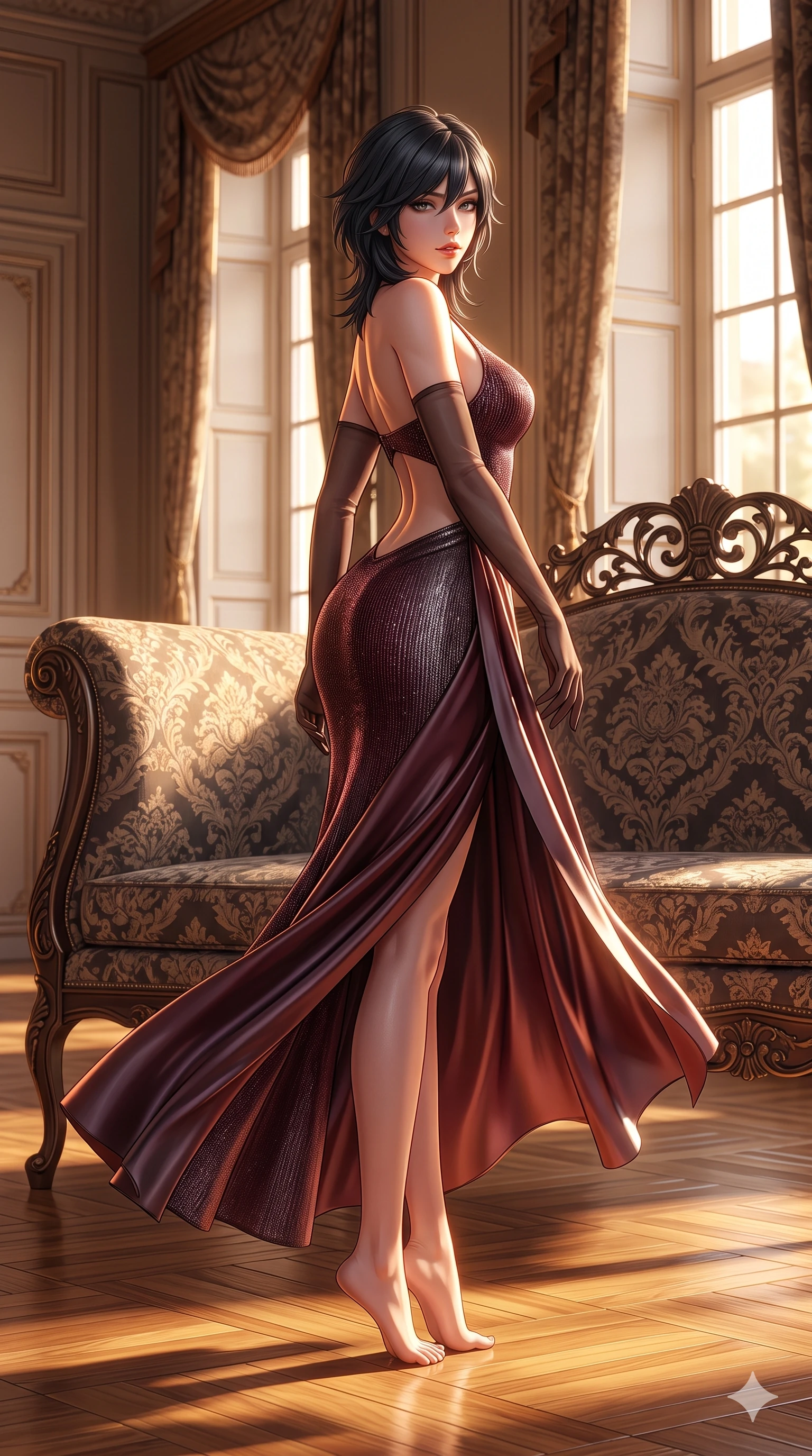 score_9, masterpiece, best quality, ultra-detailed, high-budget anime keyframe, semi-realistic 3D game render, editorial fashion photography, tasteful artistic composition, Caucasian woman. low angle full-body shot from head to toe showing her feet, filling the entire 9:16 vertical frame with her statuesque presence, stretching her vertical silhouette. executing a slow, graceful pivot turn as her silk wrap skirt sways around her slender legs, glancing back with an enchanting, teasing sensual expression while lounging languidly across a damask-upholstered wrought-iron settee, her flat midriff and feminine hips bathed in soft golden afternoon light. The surrounding environment is rendered in vivid detail and crisp panoramic clarity: detailed mermaid gown tailoring, open-waist architecture, and aristocratic interior furnishings in razor-sharp precision. She has an exceptionally tall and slender model-like 8.5-heads proportion, an ultra-slim waist, a flat toned midriff, narrow delicate ribcage, and beautifully sculpted feminine hips creating a graceful, slim hourglass silhouette without any bulky heaviness, with impossibly long slender legs. sharp v-shaped jawline, high-bridge nose, intricate jewel-like sparkling eyes with depth, thick eyelashes, glossy parted lips with a natural sheen, intensely captivating and seductive bedroom-eyes expression, exuding both youthful cute charm and sovereign luxury allure, flawlessly proportioned anatomical accuracy, strict slender model proportions, natural body alignment, perfectly sculpted long slender limbs, ultra-slim waistline, clean dynamic posture without body distortion. wearing a body-contouring metallic lurex knit column dress casting radiant starlight shimmer across her flat midriff in deep wine burgundy and brushed dark platinum, tailored from heavy double-faced silk georgette with an exceptionally fluid drape, complemented by sheer opera-length evening gloves tracing her slender arms, the form-contouring cut accentuating her sculpted flat midriff, narrow delicate ribcage, and gracefully curvy hips with intoxicating allure. illuminated by polished parquet bounce and sharp bronze-amber rim lights sculpting her razor-sharp jawline, narrow waist, and curvy hips. highly saturated vibrant anime colors, detailed shading with soft gradients, rich glossy textures, high-contrast stereoscopic depth, volumetric dynamic lighting, master piece, 9:16 ratio