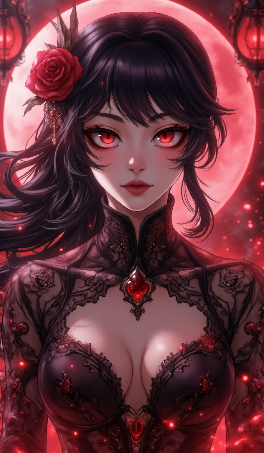score_9, masterpiece, best quality, ultra-detailed, semi-realistic high-budget anime keyframe, an incredibly beautiful Korean woman. Medium shot of upper body focusing on her alluring features. She is a high-society vampire queen in a moonlit ballroom. She has an absolutely perfect 8-heads proportion, a towering and slender female figure. Her face is a masterpiece with porcelain skin and ruby eyes. She is wearing a high-cut black lace gown, highlighting her alluring silhouette. Moonbeams and crystal chandeliers, radiant glowing skin, dramatic rim lighting, 2k, ultra detail, master piece, 9:16 ratio