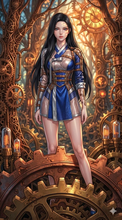 score_9, masterpiece, best quality, ultra-detailed, Set C: High-budget Anime Keyframe, Korean woman. Upper body close-up from the thighs up, character filling the screen for maximum presence. Standing on a giant gear in a clockwork forest. She has an