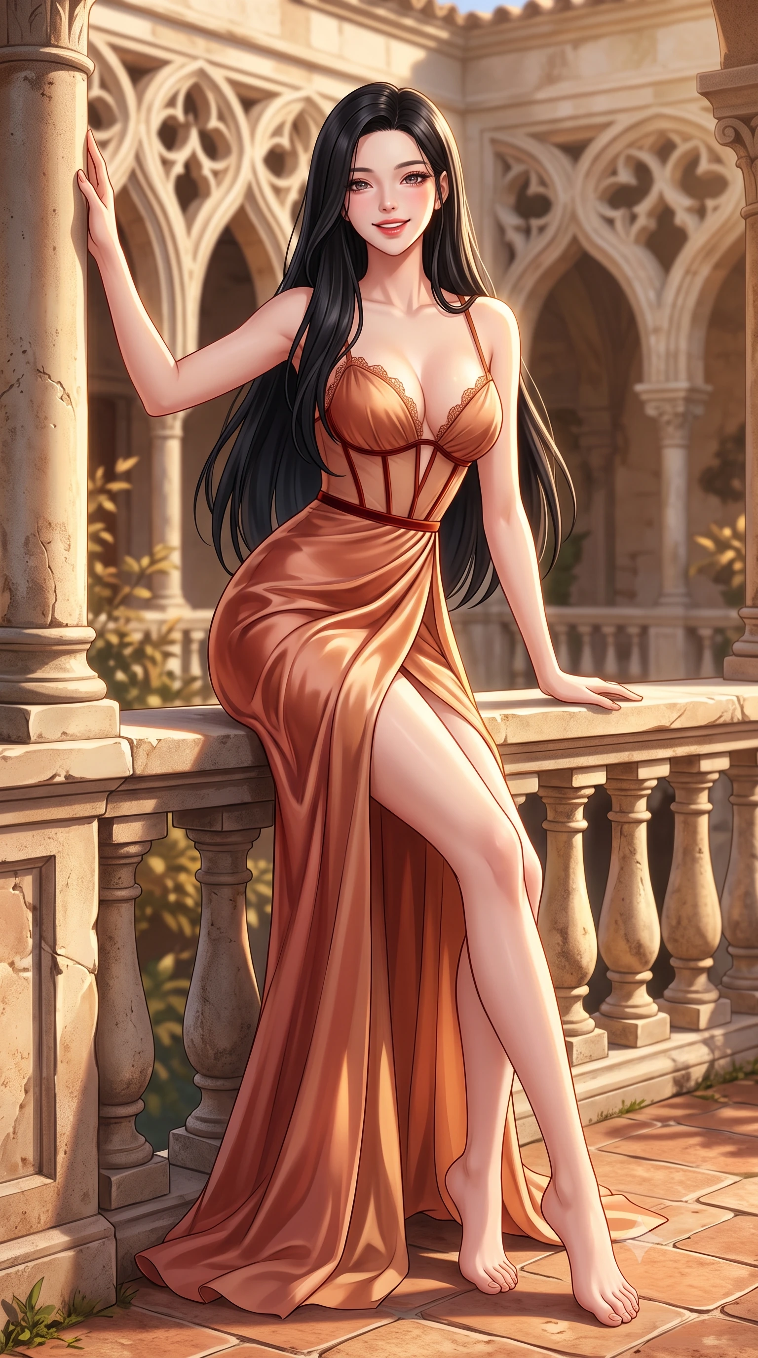 score_9, masterpiece, best quality, ultra-detailed, high-budget anime keyframe, semi-realistic 3D game render, editorial fashion photography, tasteful artistic composition, Korean woman. low angle full-body shot from head to toe showing her feet, filling the entire 9:16 vertical frame with her statuesque presence, stretching her vertical silhouette. standing tall beside the architectural column, one hand resting high while arching her lower back to emphasize her sculpted feminine hips and slender waist while sitting perched on the stone parapet with one knee bent and legs extended, flashing a radiant, playful smile with parted glossy lips. The surrounding environment is rendered in vivid detail and crisp panoramic clarity: sharp Moorish pointed arch stone tracery, weathered limestone baluster relief, and natural terracotta paver grain in deep focus. She has an exceptionally tall and slender model-like 8.5-heads proportion, an ultra-slim waist, a flat toned midriff, narrow delicate ribcage, and beautifully sculpted feminine hips creating a graceful, slim hourglass silhouette without any bulky heaviness, with impossibly long slender legs. sharp v-shaped jawline, high-bridge nose, intricate jewel-like sparkling eyes with depth, thick eyelashes, glossy parted lips with a natural peach sheen, bright cheerful beaming smile with an enchanting and coquettish sensual glint, exuding both youthful cute charm and seductive allure, flawlessly proportioned anatomical accuracy, strict slender model proportions, natural body alignment, perfectly sculpted long slender limbs, ultra-slim waistline, clean dynamic posture without body distortion. wearing an alluring plunge-front sheer illusion tulle evening slip with velvet ribbon piping contouring her flat midriff in Moroccan terracotta rose and desert sand amber, crafted from fluid liquid silk satin that clings smoothly to her narrow waist and rounded hips with a dewy sheen, finished with scalloped eyelash lace trim framing her sweetheart neckline with intimate elegance, the high-slit wrap tailoring accentuating her ultra-slim waistline and the enchanting curve of her feminine hips with alluring seductive charm. illuminated by terrace stone bounce and sharp champagne-gold rim lights defining her dewy collarbones, ultra-slim waist, and curvy hips. highly saturated vibrant anime colors, detailed shading with soft gradients, rich glossy textures, high-contrast stereoscopic depth, volumetric dynamic lighting, master piece, 9:16 ratio