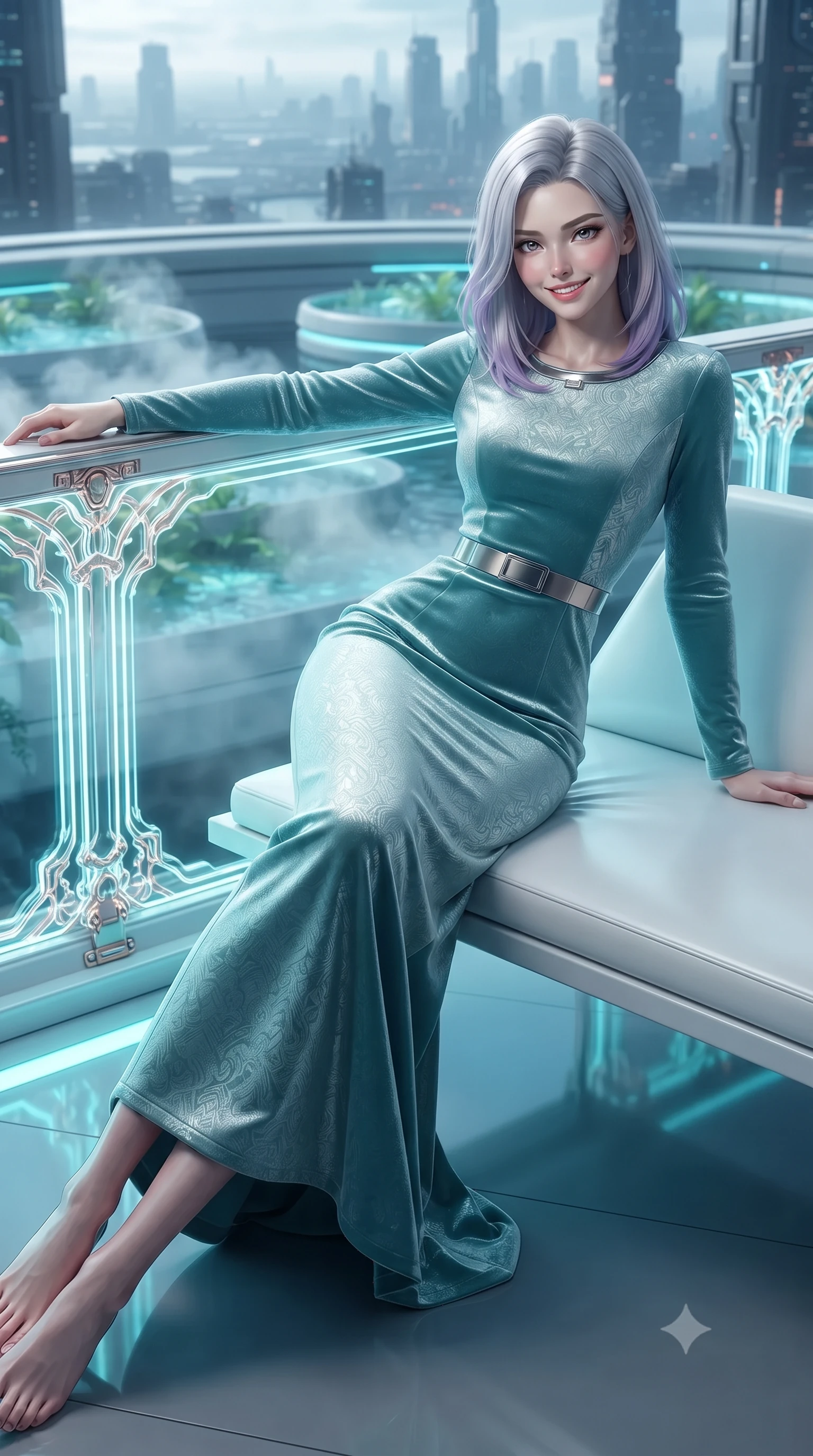 score_9, masterpiece, best quality, ultra-detailed, high-budget anime keyframe, editorial fashion photography, tasteful artistic composition, Caucasian woman. close-up cowboy shot from the waist and thighs up, the character dominates the composition, filling the frame with her large presence. leaning back against the balustrade with relaxed seductive grace, head tilted back slightly while casting a hypnotic, heavy-lidded gaze while lounging gracefully across the minimalist white lacquer chaise propped on one elbow with legs extended, displaying her long slender limbs and statuesque hourglass silhouette against the cyberpunk horizon. The background shows a soft-focus subtle mist vapor from hydroponic water beds softened in futuristic orbital biosphere shallow focus. She has an exceptionally elegant, slender, and willowy female figure with an ultra-slim waist, flat toned midriff, narrow ribcage, and sculpted feminine hips creating an alluring, slim hourglass silhouette without bulk. sharp v-shaped jawline, high-bridge nose, intricate jewel-like sparkling eyes with depth, thick eyelashes, glossy parted lips with a natural peach sheen, bright cheerful beaming smile with an enchanting and coquettish sensual glint, exuding both youthful cute charm and seductive allure, flawlessly proportioned anatomical accuracy, strict slender model proportions, natural body alignment, perfectly sculpted long slender limbs, ultra-slim waistline, clean dynamic posture without body distortion. wearing a refined long-sleeve cyber-velvet column gown with modest jewel neckline and metallic belt in polar aurora jade and starlight platinum, woven from structured carbon-fiber jacquard with rich textural depth, finished with sleek magnetic buckle closures fluttering in the breeze, the impeccably tailored cut draping gracefully along her slender figure with aristocratic poise. illuminated by floor pool reflection bounce and sharp laser-cyan rim lights sculpting her razor-sharp jawline, narrow waist, and curvy hips. ultra-reflective glossy finish, specular highlights, rich textural contrasts, high-contrast stereoscopic depth, volumetric dynamic lighting, 2k, ultra detail, master piece, 9:16 ratio
