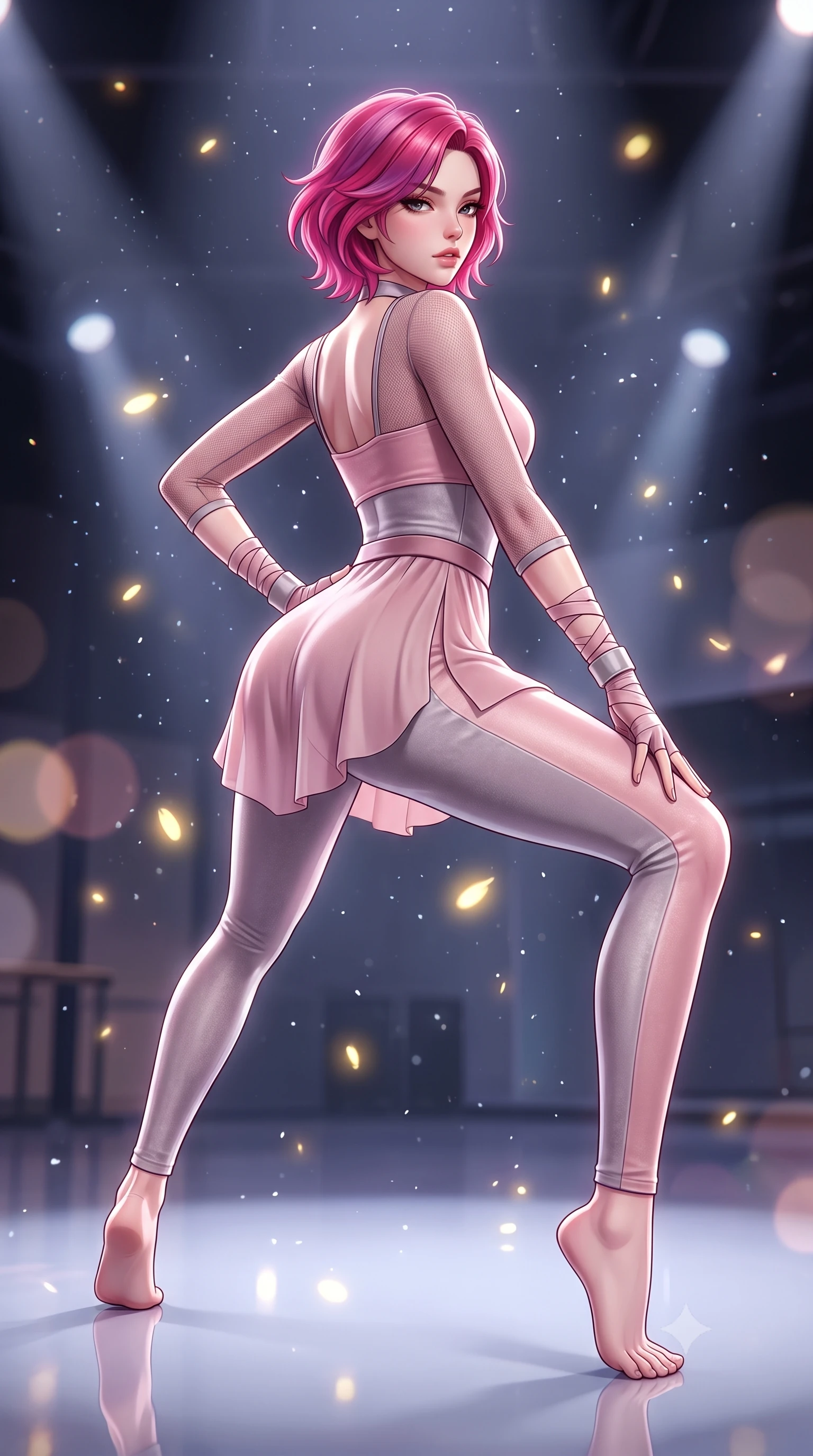 score_9, masterpiece, best quality, ultra-detailed, high-budget anime keyframe, semi-realistic 3D game render, editorial fashion photography, tasteful artistic composition, Caucasian woman. low angle full-body shot from head to toe showing her feet, filling the entire 9:16 vertical frame with her statuesque presence, stretching her vertical silhouette. posing with back turned slightly to the lens, glancing back with smoldering allure as she arches her lower back to emphasize her sculpted feminine hips and slender waist while crouching in a low, balanced dancer plié on the reflective floor, her athletic feminine curves and toned hips creating a breathtaking line. The composition keeps background elements in soft focus with creamy bokeh. floating micro-chalk particles and spotlight beams scattering luminous golden light motes. She has an absolutely perfect, statuesque 8.5-heads proportion, an exceptionally tall and slender model-like female figure with impossibly long slender legs, a toned flat midriff, an ultra-slim waist, and beautifully sculpted feminine hips. sharp v-shaped jawline, high-bridge nose, intricate jewel-like eyes with depth, thick eyelashes, glossy parted lips with a natural sheen, intensely captivating and seductive bedroom-eyes expression, flawlessly proportioned anatomical accuracy, strict slender model proportions, natural body alignment, perfectly sculpted long slender limbs, ultra-slim waistline, clean dynamic posture without body distortion. wearing a layered dance bodysuit with sheer mesh sleeves and form-fitting hip-cinching belt in ballet blush pink and soft heather grey, made of flexible stretch velvet with rich specular luster, accessorized with fingerless athletic wrap gloves and minimalist gold cuffs, the liquid-tight tailored fabric clinging flawlessly to her narrow waist and rounded feminine hips, emphasizing every millimeter of her sculpted hourglass curves during movement. illuminated by crisp specular rim lights accentuating her narrow waist, curved hips, and long legs. highly saturated vibrant anime colors, detailed shading with soft gradients, rich glossy textures, high-contrast stereoscopic depth, volumetric dynamic lighting, master piece, 9:16 ratio