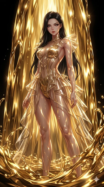 score_9, masterpiece, best quality, ultra-detailed, High-budget Anime Keyframe, East Asian woman. Low angle cowboy shot filling the entire 9:16 frame with her statuesque presence. Scenario 19: Standing under a waterfall of liquid gold, the artistic l