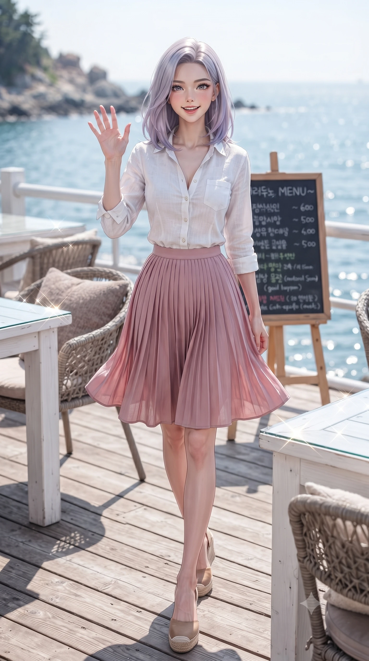 score_9, masterpiece, best quality, ultra-detailed, high-budget anime keyframe, editorial fashion photography, tasteful artistic composition, Caucasian woman. low angle full-body shot from head to toe showing her feet, filling the entire 9:16 vertical frame with her statuesque presence, stretching her vertical silhouette. stepping forward with a bright, cheerful smile, waving happily at the viewer set against a soft-focus background of at a seaside cafe deck with white wooden tables and views of the blue water with a handwritten menu board and cozy cushions on the chairs. She has an absolutely perfect, statuesque 8.5-heads proportion, an exceptionally tall and slender model-like female figure with impossibly long slender legs and an ultra-slim waist. sharp v-shaped jawline, high-bridge nose, intricate jewel-like eyes with depth, thick eyelashes, glossy lips with a natural sheen. wearing body-hugging casual linen button-down shirt in white, paired with a flowy pleated skirt in dusty pink. bright daylight reflecting off the glass table and creating sparkling glints. ultra-reflective glossy finish, specular highlights, metallic sheen, high-contrast stereoscopic depth, volumetric dynamic lighting, 2k, ultra detail, master piece, 9:16 ratio