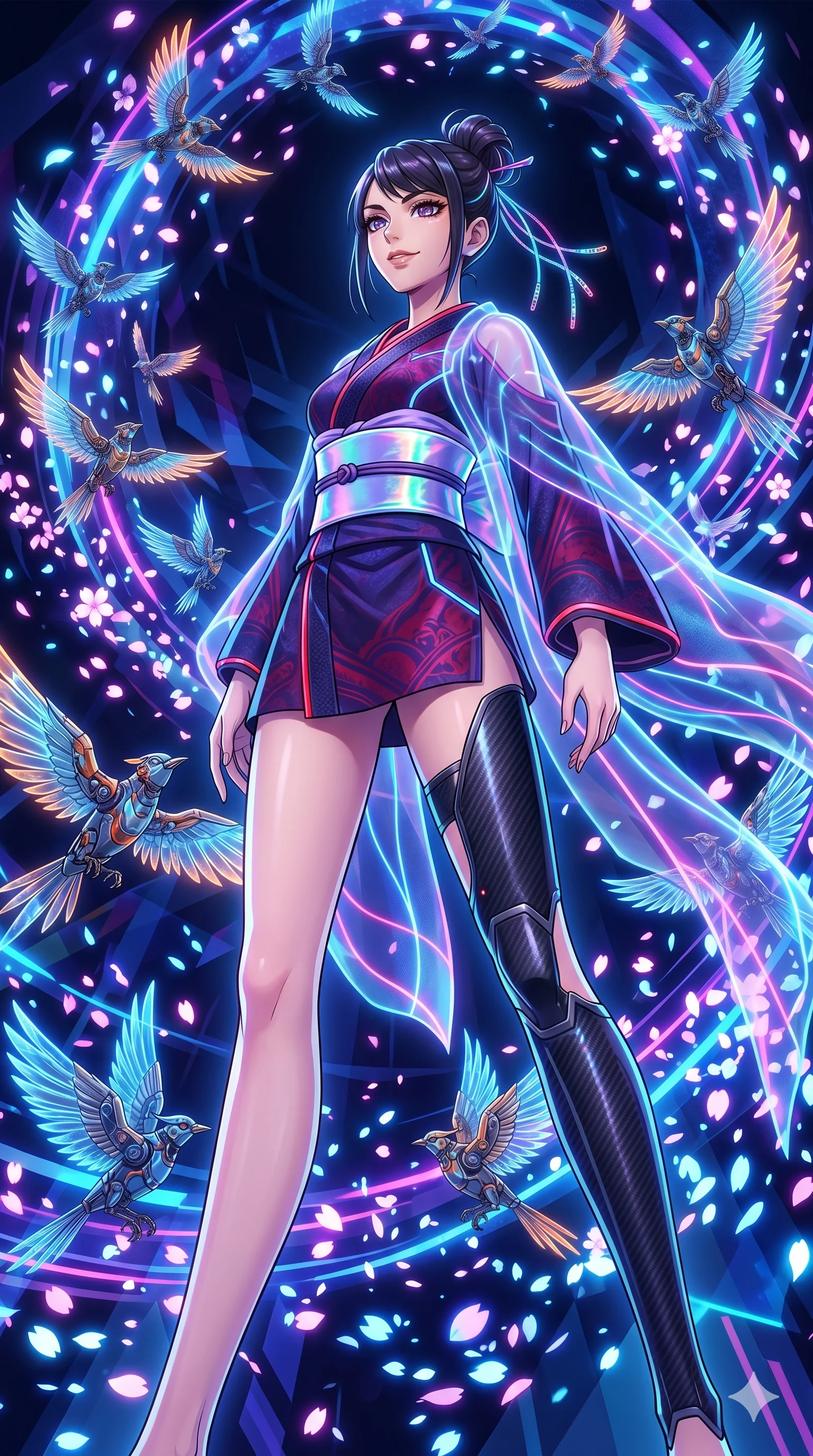 score_9, masterpiece, best quality, ultra-detailed, Set A: High-budget Anime Keyframe, Japanese woman. Low angle cowboy shot filling the entire 9:16 frame with her statuesque presence. Standing victoriously through a virtual reality void, surrounded by a whirlwind of 52 mechanical birds and surrounded by digital sakura petals. She has an absolutely perfect 8-heads proportion, an exceptionally tall and slender female figure with impossibly long slender legs and an ultra-slim waist. Sharp v-shaped jawline, high-bridge nose, intricate jewel-like eyes with depth, thick eyelashes, glossy lips with a natural sheen. Wearing Tech-kimono with a wide holographic obi and side-slit carbon-fiber leg guards. Cinematic lighting, vibrant colors, dramatic shadows, 2k, ultra detail, master piece, 9:16 ratio