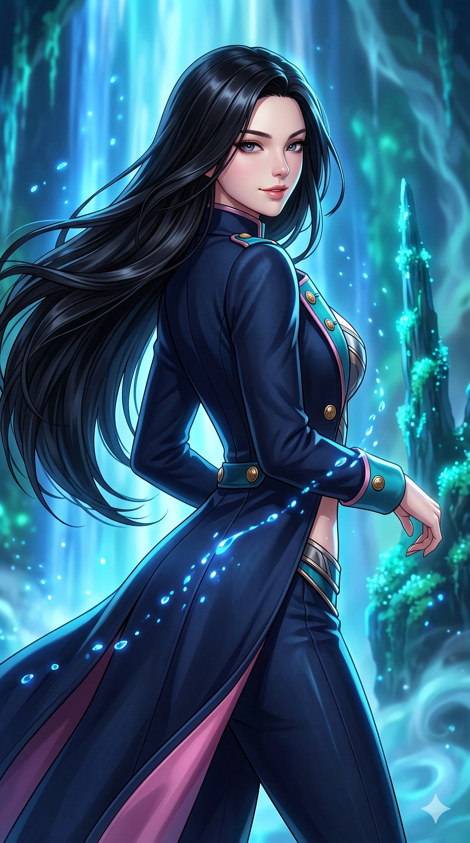 score_9, masterpiece, best quality, ultra-detailed, high-budget anime keyframe, semi-realistic 3D game render, editorial fashion photography, tasteful artistic composition, Korean woman. close-up cowboy shot from the waist and thighs up, the character dominates the composition, filling the frame with her large presence. turning slowly with an enchanting smoldering smile, her glossy hair tossing in the breeze as her hips angle gracefully in a captivating contrapposto while twisting her slender torso in an alluring S-curve, cascading blue light droplets painting sensual ribbons across her flat midriff and hips. The background shows a soft-focus cascading luminescent blue waterfalls, glowing cyan moss on vertical spires, and swirling cavern mists blurred into electric blue, turquoise, and jade bokeh. She has an exceptionally elegant, slender, and willowy female figure with an ultra-slim waist, flat toned midriff, narrow ribcage, and sculpted feminine hips creating an alluring, slim hourglass silhouette without bulk. sharp v-shaped jawline, high-bridge nose, intricate jewel-like sparkling eyes with depth, thick eyelashes, glossy parted lips with a natural peach sheen, bright cheerful beaming smile with an enchanting and coquettish sensual glint, exuding both youthful cute charm and seductive allure, flawlessly proportioned anatomical accuracy, strict slender model proportions, natural body alignment, perfectly sculpted long slender limbs, ultra-slim waistline, clean dynamic posture without body distortion. wearing a structured high-collar Victorian opera greatcoat in midnight navy wool with polished brass crest buttons in subterranean lagoon turquoise and lotus blossom pink, tailored from high-density tech-wool with subtle metallic thread weave, complemented by strappy stiletto sandals with metallic ankle wraps accentuating her slender calves, the impeccably tailored cut draping gracefully along her slender figure with aristocratic poise. illuminated by waterfall spray bounce and sharp cyan-white rim lights defining her jawline, narrow waist, and curvy hips. highly saturated vibrant anime colors, detailed shading with soft gradients, rich glossy textures, high-contrast stereoscopic depth, volumetric dynamic lighting, master piece, 9:16 ratio