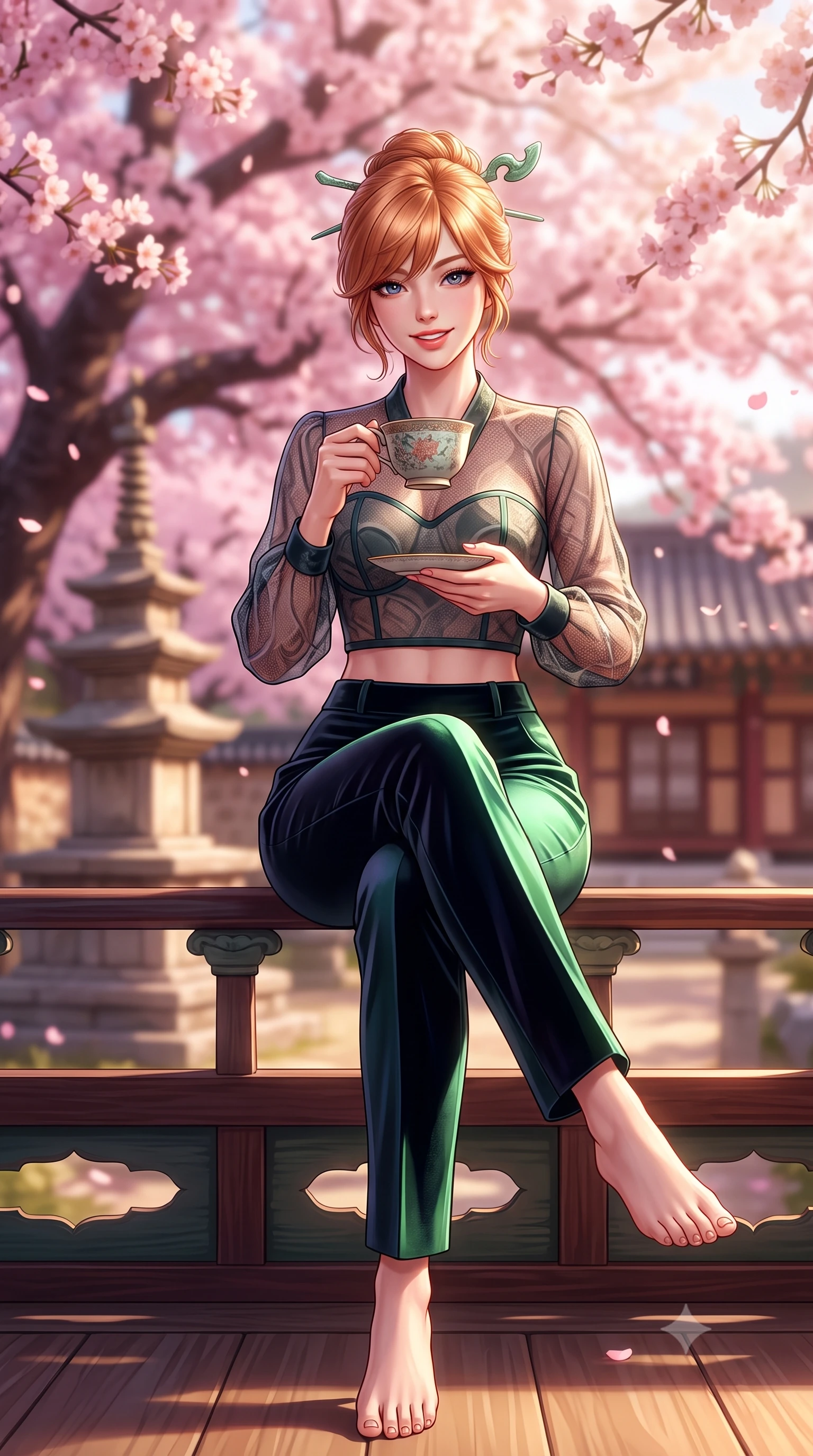 score_9, masterpiece, best quality, ultra-detailed, high-budget anime keyframe, semi-realistic 3D game render, editorial fashion photography, tasteful artistic composition, Korean woman. low angle full-body shot from head to toe showing her feet, filling the entire 9:16 vertical frame with her statuesque presence, stretching her vertical silhouette. sitting perched on the elevated pavilion terrace edge with legs crossed and hips angled toward the camera, displaying her toned midriff and long slender limbs with joyful, coquettish charm while lounging on an outdoor bench holding an antique teacup with both hands, her long slender legs and hourglass curves commanding the spring terrace. The background shows a soft-focus drifting pink cherry blossoms from a massive blooming tree and historic temple stone pagodas blurred into sakura pink, honey, and charcoal bokeh. She has an absolutely perfect, statuesque 8.5-heads proportion, an exceptionally tall and slender model-like female figure with impossibly long slender legs, an ultra-slim waist, a flat toned midriff, narrow delicate ribcage, and beautifully sculpted feminine hips creating a graceful, slim hourglass silhouette without any bulky heaviness. sharp v-shaped jawline, high-bridge nose, intricate jewel-like dark sparkling almond eyes with depth, thick lashes, glossy parted lips with a natural rose-plum sheen, bright alluring and coquettish smile with bedroom-eyes, exuding both timeless oriental elegance and sovereign high-fashion allure, flawlessly proportioned anatomical accuracy, strict slender model proportions, natural body alignment, perfectly sculpted long slender limbs, ultra-slim waistline, clean dynamic posture without body distortion. wearing a sheer technical mesh and silk hanbok blouse worn over a sculpted sweetheart bustier with high-waisted tailored silk trousers in deep midnight obsidian and luminous imperial jade green, crafted from sumptuous crushed winter velvet with deep light-absorbing plushness, featuring a modern sculptural jade hair pin securing her loose silky updo, the form-contouring cut accentuating her sculpted flat midriff, narrow delicate ribcage, and gracefully curvy hips with regal oriental supermodel elegance. bathed in warm, soft spring afternoon sunlight filtering through pink blossom branches. highly saturated vibrant anime colors, detailed shading with soft gradients, rich glossy textures, high-contrast stereoscopic depth, volumetric dynamic lighting, master piece, 9:16 ratio