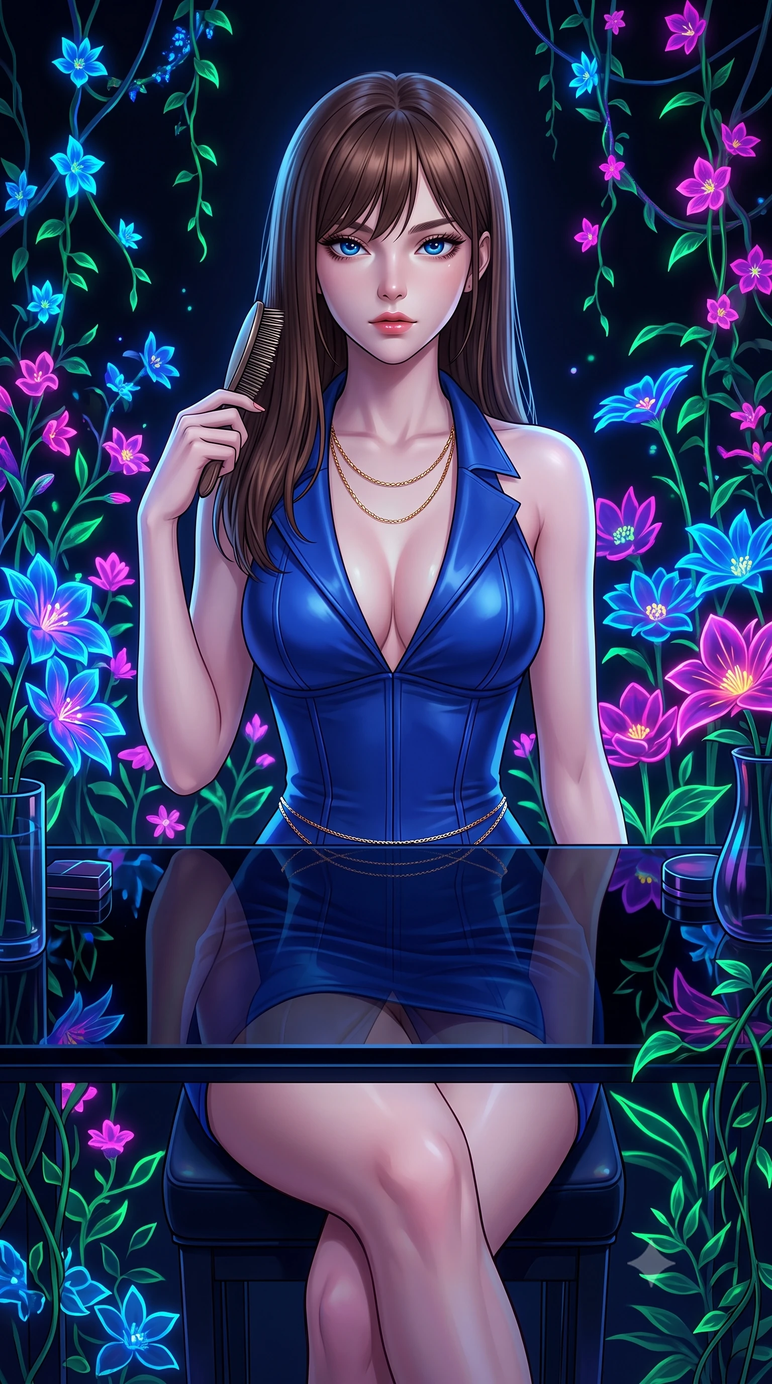 score_9, masterpiece, best quality, ultra-detailed, High-budget Anime Keyframe, East Asian woman. Low angle cowboy shot filling the entire 9:16 frame with her statuesque presence. Scenario 414: brushing her hair while seated before a vanity of black glass in a virtual garden where neon flowers bloom in the dark. Her presence is magnetic and overpowering in this high-budget anime scene. Outfit 414: a body-hugging cobalt blue matte vinyl corset dress featuring an elegant plunging collar and fine gold chains. The clothing is designed to emphasize her exceptionally tall and slender 8-heads proportion. 8-heads proportion, towering silhouette, ultra-slim waist. sharp v-shaped jawline, intricate jewel-like eyes with depth, thick eyelashes, glossy lips. 2k, ultra detail, master piece, 9:16 ratio