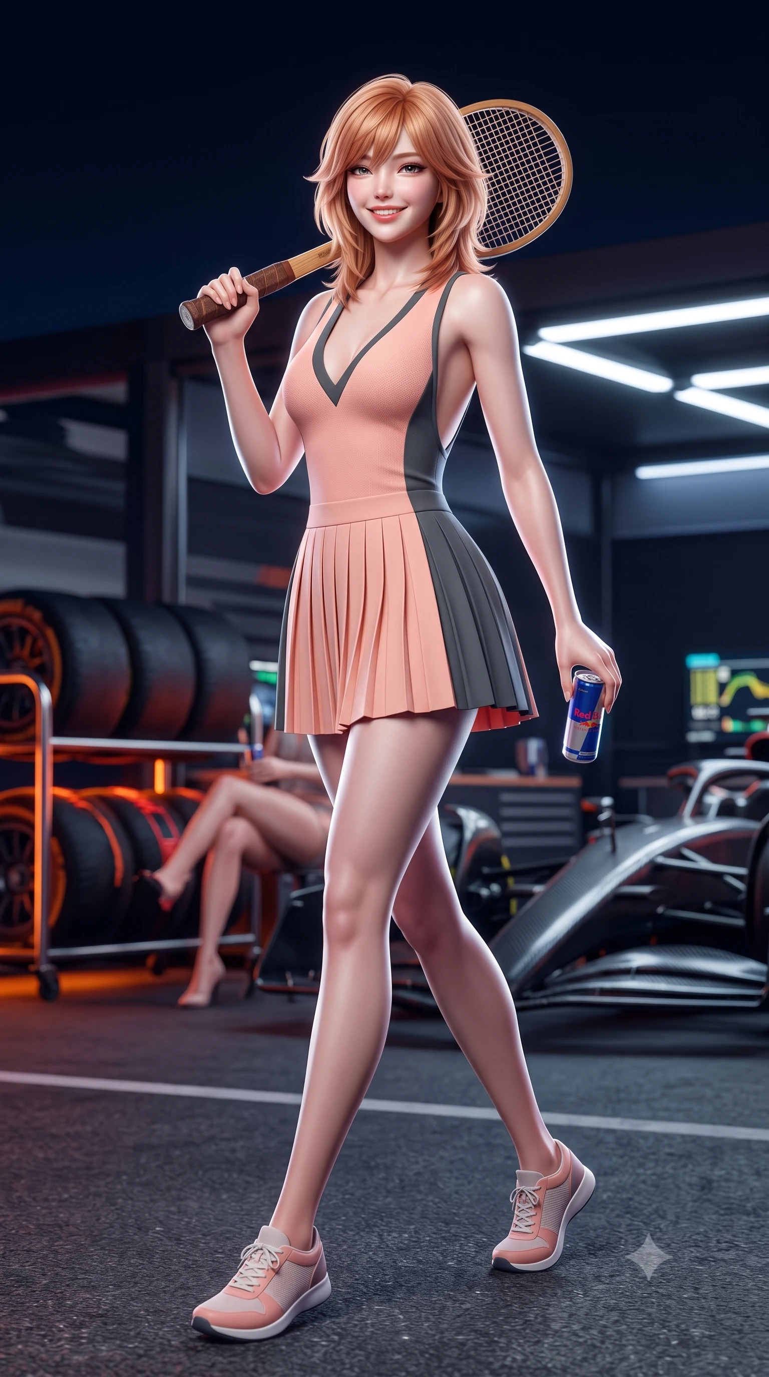 score_9, masterpiece, best quality, ultra-detailed, high-budget anime keyframe, semi-realistic 3D game render, editorial fashion photography, tasteful artistic composition, Korean woman. low angle full-body shot from head to toe showing her feet, filling the entire 9:16 vertical frame with her statuesque presence, stretching her vertical silhouette. stepping forward gracefully across the paddock tarmac in mid-motion with a radiant beaming smile, hips swaying in an alluring kinetic rhythm that accentuates her curvy hourglass silhouette and long slender legs while lounging in the private air-conditioned paddock suite with legs crossed, holding a chilled energy drink while flashing a dangerous, playful half-smile. The background shows a soft-focus glowing tire warming racks and high-speed carbon fiber cars softened in thrilling night-race shallow focus. She has an absolutely perfect, statuesque 8.5-heads proportion, an exceptionally tall and slender model-like female figure with impossibly long slender legs, an ultra-slim waist, a flat toned midriff, narrow delicate ribcage, and beautifully sculpted feminine hips creating a graceful, slim hourglass silhouette without any bulky heaviness. sharp v-shaped jawline, high-bridge nose, sparkling eyes with athletic focus and depth, thick curled eyelashes, glossy parted lips with a natural coral-peach sheen, bright confident and coquettish smile with alluring bedroom-eyes, exuding both youthful sporty vigor and sovereign high-society glamour, flawlessly proportioned anatomical accuracy, strict slender model proportions, natural body alignment, perfectly sculpted long slender limbs, ultra-slim waistline, clean dynamic posture without body distortion. wearing a deep V-neck knit tennis dress with an open-back scoop and knife-pleated skirt tracing her narrow waist and hips in pastel peach blossom and matte carbon grey, tailored from crisp cotton poplin with clean aerodynamic structural lines, featuring a vintage wooden tennis racket held casually over one shoulder, the liquid-tight tailored fabric clinging flawlessly to her narrow waist and rounded feminine hips, emphasizing every millimeter of her sculpted slim hourglass curves without any bulky heaviness. illuminated by telemetry screen bounce and sharp platinum rim lights carving her razor-sharp jawline, narrow waist, and curvy hips. highly saturated vibrant anime colors, detailed shading with soft gradients, rich glossy textures, high-contrast stereoscopic depth, volumetric dynamic lighting, master piece, 9:16 ratio