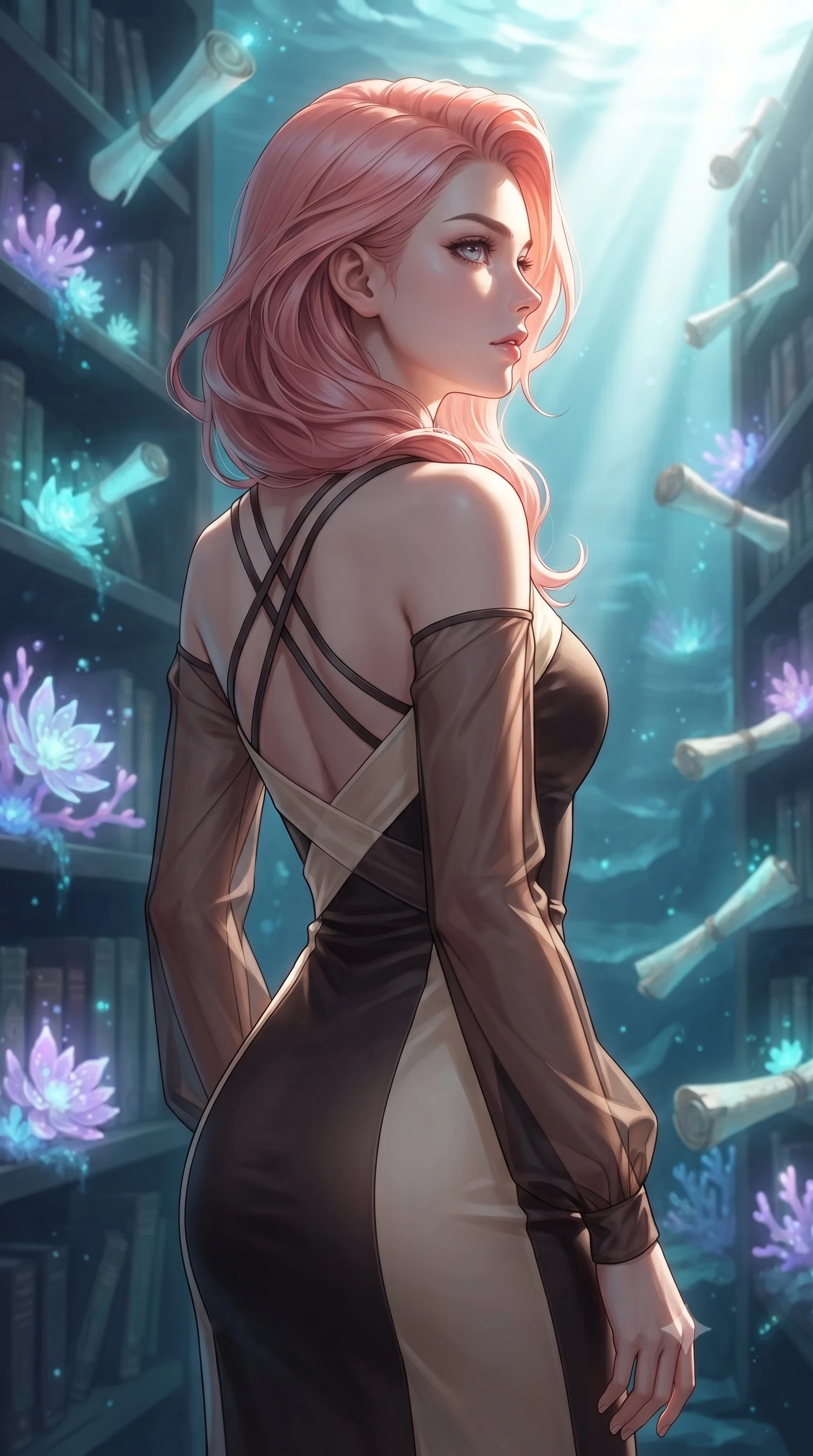 score_9, masterpiece, best quality, ultra-detailed, high-budget anime keyframe, editorial fashion photography, tasteful artistic composition, Japanese woman. close-up cowboy shot from the waist and thighs up, the character dominates the composition, filling the frame with her large presence, background elements kept in soft focus. Turning her face in sharp dramatic profile against the bright light, showcasing her sharp v-shaped jawline navigating a submerged ancient library surrounded by floating glowing scrolls, glowing coral blossoms emitting soft aqua and lavender light. She has an exceptionally elegant, slender, and willowy female figure with an ultra-slim waist, a gracefully sculpted slender torso, and a refined silhouette. sharp v-shaped jawline, high-bridge nose, intricate jewel-like eyes with depth, thick eyelashes, glossy lips with a natural sheen. wearing a sleek bodycon knit dress with sheer organza sleeve panels in espresso brown and warm cream, formed from sleek second-skin neoprene, complemented by criss-cross back straps highlighting her bare shoulders, the sleek second-skin texture accentuating her magnetic presence. lit by clear sun-drenched sea light with soft ethereal shadows. ultra-reflective glossy finish, specular highlights, metallic sheen, high-contrast stereoscopic depth, volumetric dynamic lighting, 2k, ultra detail, master piece, 9:16 ratio