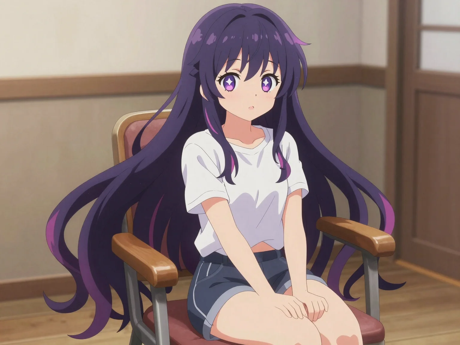 An illustration of a female idol character in anime style. She has long, dark violet hair with pink stripes, 6-edged star pupils, and is wearing a cute casual outfit while sitting on a wooden chair.