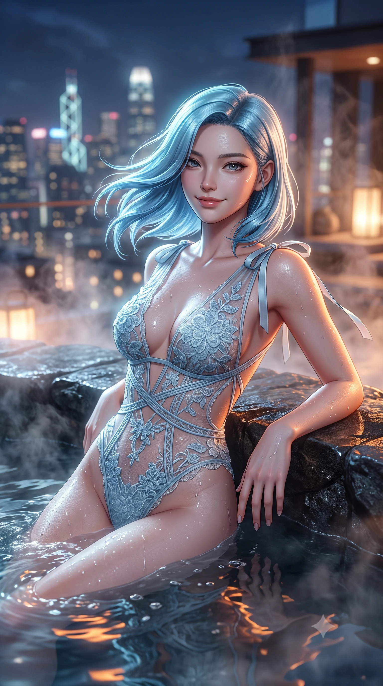 score_9, masterpiece, best quality, ultra-detailed, high-budget anime keyframe, semi-realistic 3D game render, editorial fashion photography, tasteful artistic composition, Korean woman. close-up cowboy shot from the waist and thighs up, the character dominates the composition, filling the frame with her large presence. turning slowly with an enchanting smoldering smile, her glossy hair tossing in the breeze as her hips angle gracefully in a captivating contrapposto while lounging in the steaming water propped on the dark stone rim with legs extended, her statuesque 8.5-heads silhouette commanding the metropolis. The background shows a soft-focus rising thermal bath steam softened in billionaire skyscraper penthouse shallow focus. She has an exceptionally elegant, slender, and willowy female figure with an ultra-slim waist, flat toned midriff, narrow ribcage, and sculpted feminine hips creating an alluring, slim hourglass silhouette without bulk. sharp v-shaped jawline, high-bridge nose, intricate jewel-like sparkling eyes with depth, thick eyelashes, glossy parted lips with a natural peach sheen, bright cheerful beaming smile with an enchanting and coquettish sensual glint, exuding both youthful cute charm and seductive allure, flawlessly proportioned anatomical accuracy, strict slender model proportions, natural body alignment, perfectly sculpted long slender limbs, ultra-slim waistline, clean dynamic posture without body distortion. wearing an ultra-daring sheer macramé lace bodysuit with deep plunge neckline and criss-cross strappy torso details in Tromsø icy arctic blue and frosted platinum, made of delicate embroidered tulle lace with intricate floral motifs and soft transparency, finished with satin ribbon ties at the shoulders fluttering in the gentle breeze, the precision-cut side openings and low-back scoop framing her graceful spine and the sensual sweep of her slim, toned hips. illuminated by tub water caustics bounce and sharp platinum-cyan rim lights sculpting her razor-sharp jawline, narrow waist, and curvy hips. highly saturated vibrant anime colors, detailed shading with soft gradients, rich glossy textures, high-contrast stereoscopic depth, volumetric dynamic lighting, master piece, 9:16 ratio
