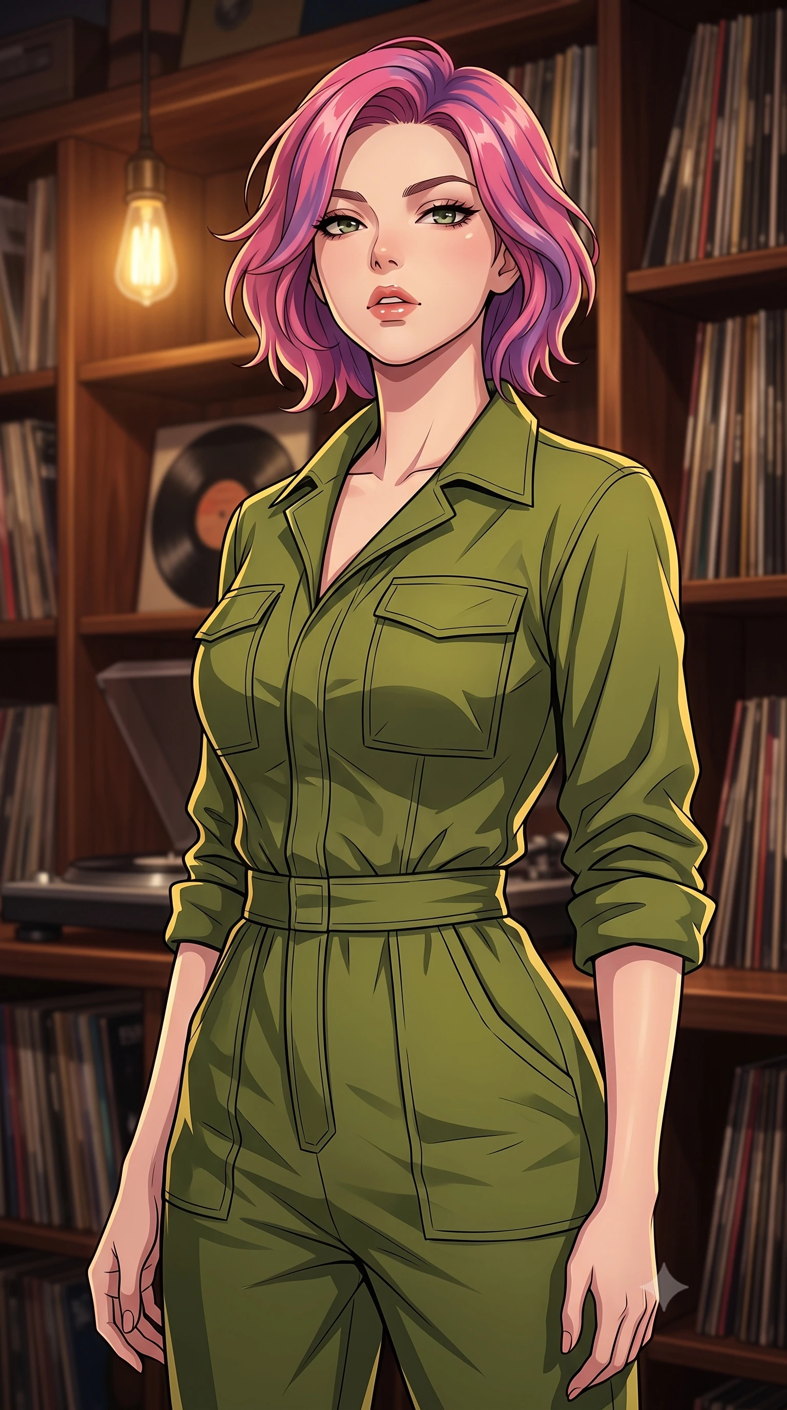 score_9, masterpiece, best quality, ultra-detailed, high-budget anime keyframe, tasteful artistic composition, Caucasian woman. close-up cowboy shot from the waist and thighs up, the character dominates the composition, filling the frame with her large presence, background elements kept in soft focus. tilting her chin up slightly with lips parted in a composed, provocative expression the background shows a soft-focus a private retro LP listening room with dark walnut wood shelves filled with vinyl records. She has an exceptionally elegant, slender, and willowy female figure with an ultra-slim waist, a gracefully sculpted slender torso, and a refined silhouette. sharp v-shaped jawline, high-bridge nose, intricate jewel-like eyes with depth, thick eyelashes, glossy lips with a natural sheen. wearing a tailored comfortable olive green cotton utility jumpsuit with a structured collar and rolled-up sleeves. warm golden light from a single retro bulb casting cozy, soft shadows. highly saturated vibrant anime colors, cel-shading, 2d style, master piece, 9:16 ratio