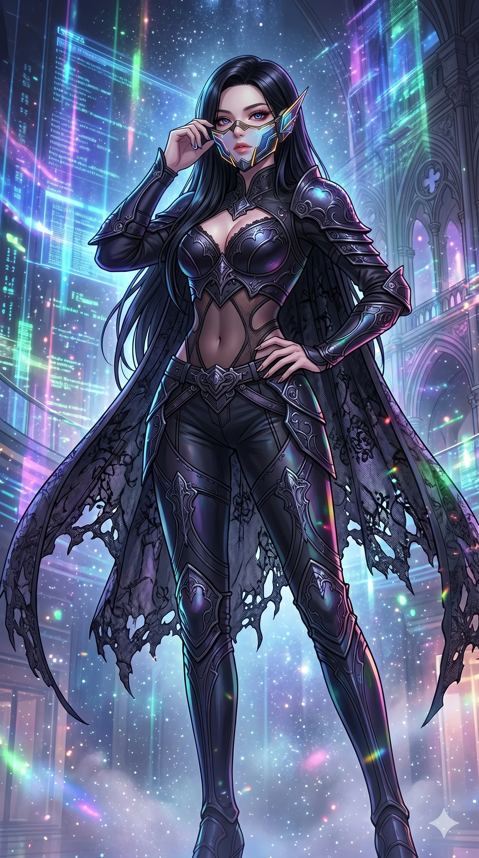 score_9, masterpiece, best quality, ultra-detailed, high-budget anime movie keyframe, cinematic anime lighting, intricate line art, Korean woman. Low angle cowboy shot filling the entire 9:16 frame with her statuesque presence. adjusting a glowing mask in a holographic shopping mall in a mist of stardust. She has an absolutely perfect 8-heads proportion, an exceptionally tall and slender female figure with an ultra-slim waist and impossibly long slender legs. sharp v-shaped jawline, high-bridge nose, intricate jewel-like eyes, thick eyelashes, glossy lips. Wearing dark fantasy gothic leather armor with ornate obsidian plates, a tattered lace cape, and sheer mesh cut-outs at the midriff, exuding a mysterious allure. The scene is illuminated by dramatic atmospheric lighting and vibrant color palettes. , 2k, ultra detail, master piece, 9:16 ratio