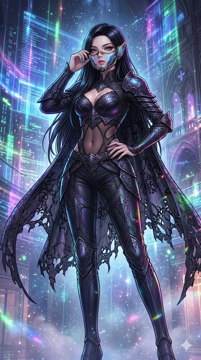 score_9, masterpiece, best quality, ultra-detailed, high-budget anime movie keyframe, cinematic anime lighting, intricate line art, Korean woman. Low angle cowboy shot filling the entire 9:16 frame with her statuesque presence. adjusting a glowing ma