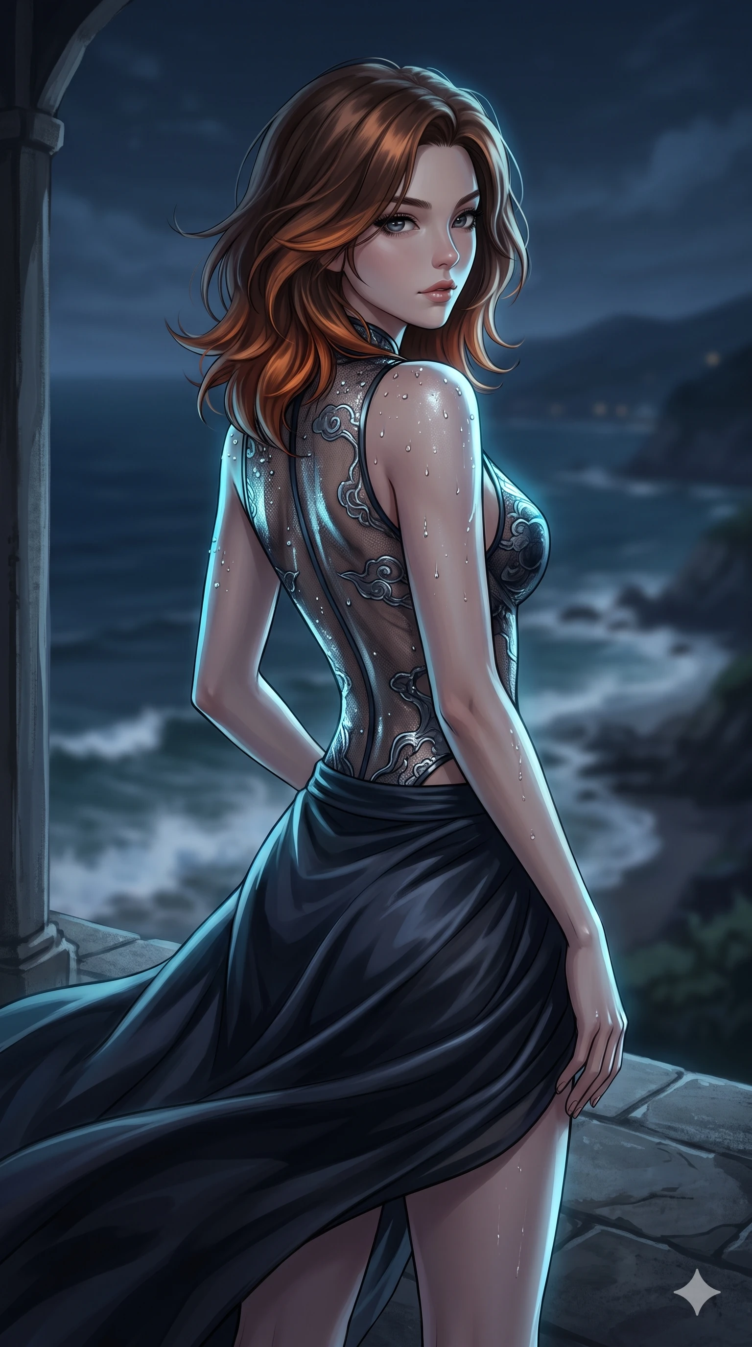 score_9, masterpiece, best quality, ultra-detailed, high-budget anime keyframe, editorial fashion photography, tasteful artistic composition, Korean woman. close-up cowboy shot from the waist and thighs up, the character dominates the composition, filling the frame with her large presence. posing in an alluring rear three-quarter angle, looking over a bare shoulder with parted glossy lips, her hips cocked back to highlight her slim hourglass curve while standing at the edge of the open-air cliffside pavilion, arching her spine with dramatic siren poise as sea breezes billow her silk skirt. The background shows a soft-focus windswept coastal pavilion softened in maritime nocturnal shallow focus. She has an exceptionally elegant, slender, and willowy female figure with an ultra-slim waist, flat toned midriff, narrow ribcage, and sculpted feminine hips creating an alluring, slim hourglass silhouette without bulk. sharp v-shaped jawline, high-bridge nose, sparkling eyes with hypnotic seductive depth, thick curled eyelashes, glossy parted lips with a natural dewy peach sheen, alluring bedroom-eyes with an enchanting coquettish smile, exuding magnetic siren charisma and sophisticated glamour, flawlessly proportioned anatomical accuracy, strict slender model proportions, natural body alignment, perfectly sculpted long slender limbs, ultra-slim waistline, clean dynamic posture without body distortion. wearing a provocative sheer-illusion nanotech lace bodysuit with traditional cloud embroidery flocking and high-cut leg openings in liquid mercury chrome and deep ink black, crafted from translucent iridescent mesh with a wet-look second-skin cling, finished with glistening drops of night dew beading across her sculpted shoulders and flat midriff, the form-contouring silhouette accentuating her sculpted flat midriff, narrow delicate ribcage, and gracefully curvy hips with intoxicating allure. illuminated by ocean surf seafoam bounce and sharp cyan-platinum rim lights sculpting her razor-sharp jawline, narrow waist, and curvy hips. ultra-reflective glossy finish, specular highlights, rich textural contrasts, high-contrast stereoscopic depth, volumetric dynamic lighting, 2k, ultra detail, master piece, 9:16 ratio