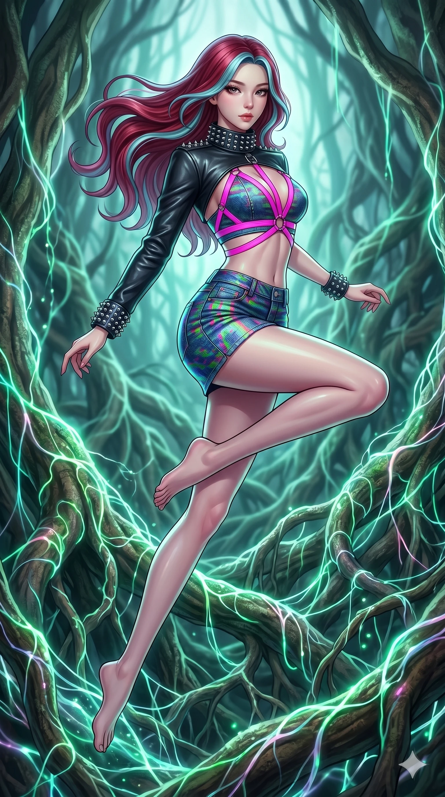 score_9, masterpiece, best quality, ultra-detailed, high-budget anime keyframe, Korean woman. upper body close-up from the thighs up, character filling the screen for maximum presence. jumping amidst giant ancient tree roots wrapped in trillions of glowing mycelium threads pulsing with emerald and opal light. She has an absolutely perfect 8-heads proportion, an exceptionally tall and slender female figure with impossibly long slender legs and an ultra-slim waist. V-shaped jawline, high-bridge nose, intricate jewel-like eyes with depth, thick eyelashes, glossy lips with a natural sheen.. wearing a glitch denim and studded leather outfit, featuring an RGB glitch pattern denim micro-skirt, a single-sleeve cropped leather jacket, and neon pink harness straps. lit by a soft glowing ambient light and a sharp side key light that traces the sleek contours of her athletic build. 2k, ultra detail, master piece, 9:16 ratio