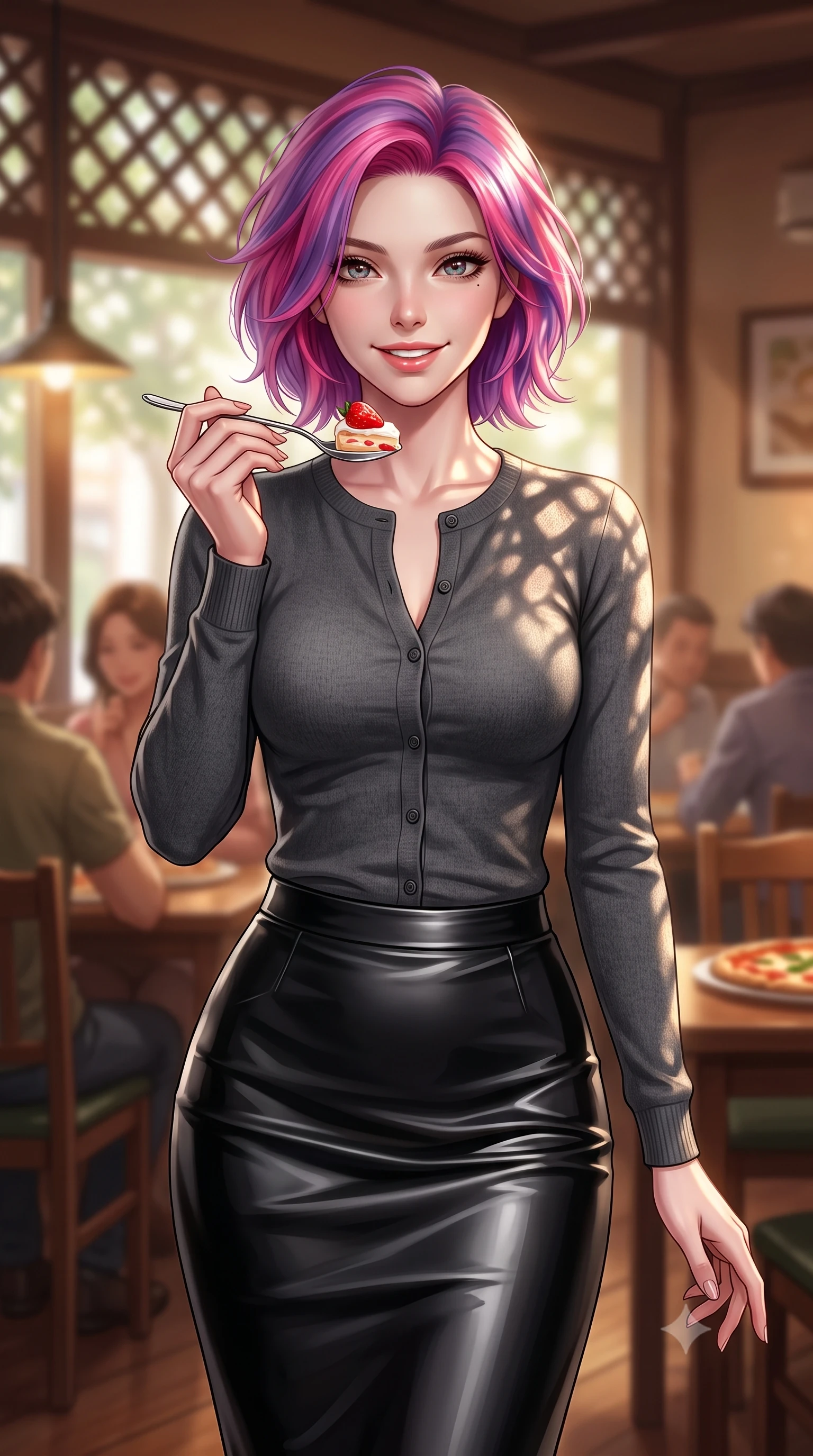 score_9, masterpiece, best quality, ultra-detailed, high-budget anime keyframe, editorial fashion photography, tasteful artistic composition, Caucasian woman. close-up cowboy shot from the waist and thighs up, the character dominates the composition, filling the frame with her large presence, background elements kept in soft focus. smiling cutely with an air of effortless superiority and magnetic charm set against a soft-focus background of inside a warm family restaurant filled with the smell of fresh pizza holding a spoon with a bite of strawberry cake, smiling happily at the camera. She has an exceptionally elegant, slender, and willowy female figure with an ultra-slim waist, a gracefully sculpted slender torso, and a refined silhouette. sharp v-shaped jawline, high-bridge nose, intricate jewel-like eyes with depth, thick eyelashes, glossy lips with a natural sheen. wearing body-hugging tight-fitting cashmere cardigan closed, paired with a sleek leather midi skirt. dappled sunlight filtering through the outdoor trellis onto her shoulders. ultra-reflective glossy finish, specular highlights, metallic sheen, high-contrast stereoscopic depth, volumetric dynamic lighting, 2k, ultra detail, master piece, 9:16 ratio