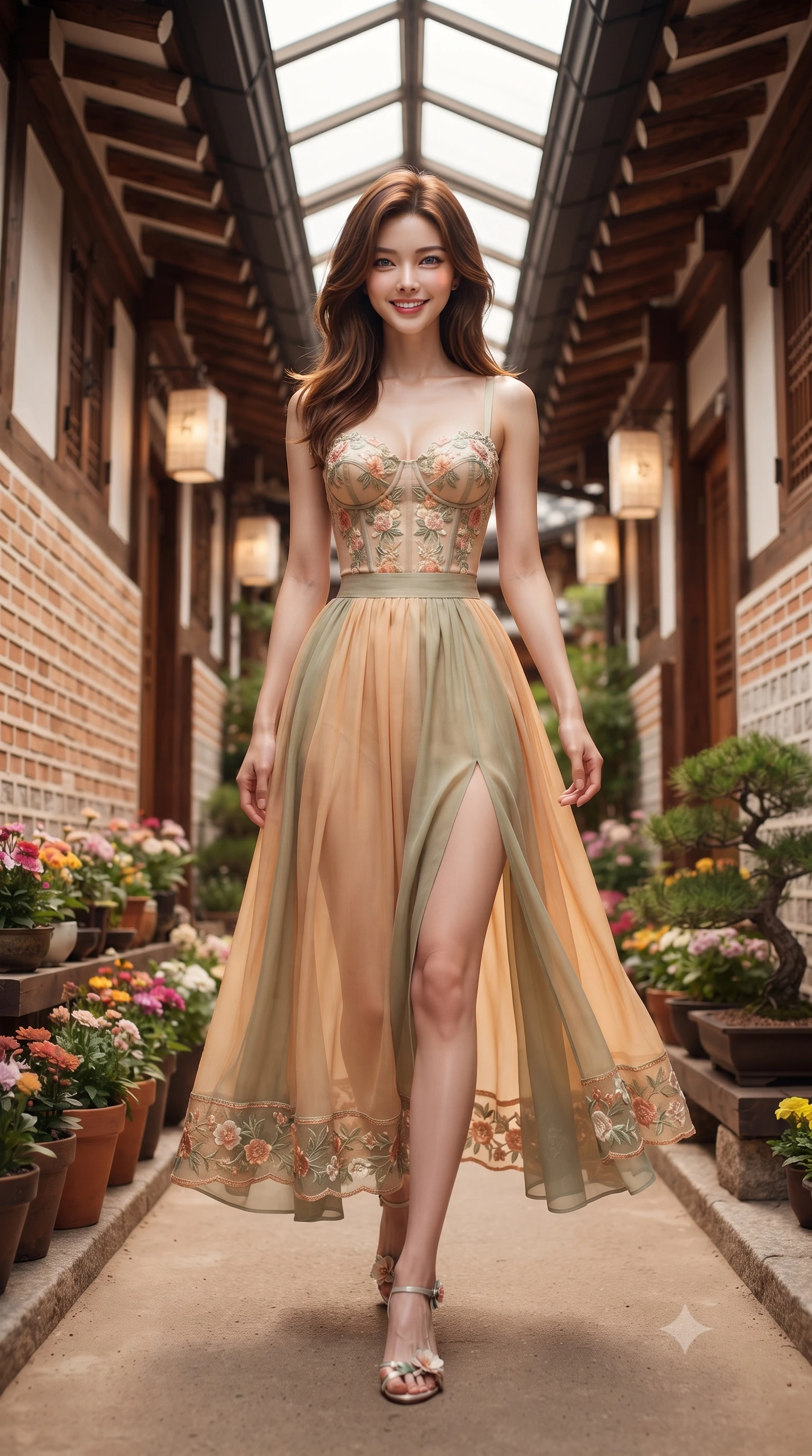 score_9, masterpiece, best quality, ultra-detailed, high-budget anime keyframe, editorial fashion photography, tasteful artistic composition, Korean woman. low angle full-body shot from head to toe showing her feet, filling the entire 9:16 vertical frame with her statuesque presence, stretching her vertical silhouette. stepping forward gracefully in mid-motion with a radiant beaming smile, hips swaying in an alluring kinetic rhythm that accentuates her curvy hourglass silhouette and long slender legs while walking gracefully down the narrow flower-lined hanok alley, her form-fitting outfit hugging her narrow waist and rounded hips in a captivating rhythm. The composition keeps background elements in soft focus with dreamy creamy bokeh. glass atrium skylights and leafy bonsai planters softened in nostalgic urban shallow focus. She has an exceptionally tall and slender model-like 8.5-heads proportion, an ultra-slim waist, a flat toned midriff, narrow delicate ribcage, and beautifully sculpted feminine hips creating a graceful, slim hourglass silhouette without any bulky heaviness, with impossibly long slender legs. sharp v-shaped jawline, high-bridge nose, intricate jewel-like sparkling eyes with depth, thick eyelashes, glossy parted lips with a natural peach sheen, bright cheerful beaming smile with an enchanting and coquettish sensual glint, exuding both youthful cute charm and seductive allure, flawlessly proportioned anatomical accuracy, strict slender model proportions, natural body alignment, perfectly sculpted long slender limbs, ultra-slim waistline, clean dynamic posture without body distortion. wearing a delicate floral embroidery bustier top paired with a flowy high-slit chiffon maxi skirt with a side hip opening in soft apricot and sage green, formed from supple second-skin stretch ribbed knit clinging to her form, complemented by delicate embroidered floral trim along the hem, the high-waisted tailoring accentuating her ultra-slim waistline and the enchanting curve of her feminine hips with alluring charm. illuminated by warm wood bounce light sharply sculpting her razor-sharp jawline, narrow waist, and curvy hips. ultra-reflective glossy finish, specular highlights, rich textural contrasts, high-contrast stereoscopic depth, volumetric dynamic lighting, 2k, ultra detail, master piece, 9:16 ratio