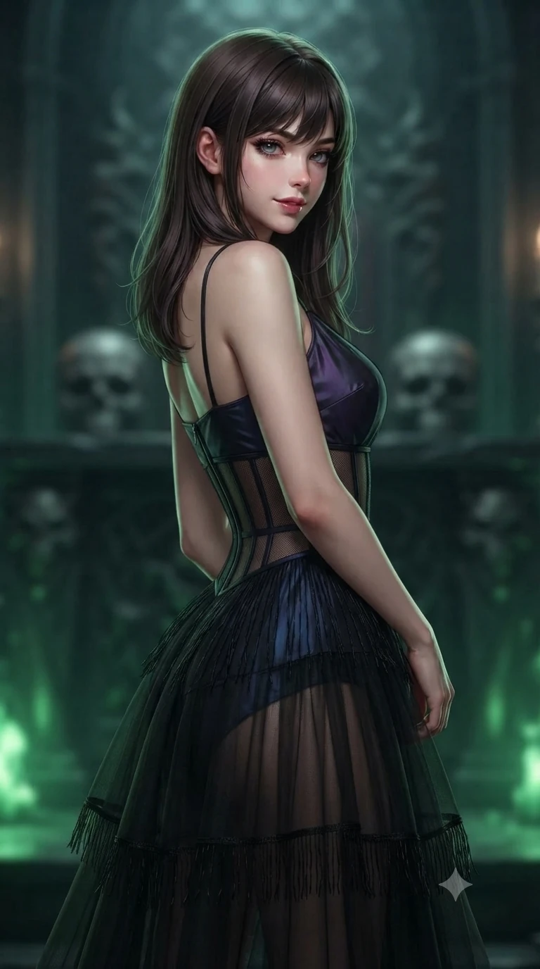 score_9, masterpiece, best quality, ultra-detailed, high-budget anime keyframe, editorial fashion photography, tasteful artistic composition, Korean woman. close-up cowboy shot from the waist and thighs up, the character dominates the composition, filling the frame with her large presence. glancing sidelong over her shoulder with a smoldering, enigmatic half-smile that commands the frame while twisting her slender torso in an alluring contrapposto stance before the skull-embossed dais, emerald firelight carving specular highlights along her silhouette. The background shows a soft-focus dark royal court audience hall softened in regal gothic shallow focus. She has an exceptionally elegant, slender, and willowy female figure with an ultra-slim waist, flat toned midriff, narrow ribcage, and sculpted feminine hips creating an alluring, slim hourglass silhouette without bulk. sharp v-shaped jawline, high-bridge nose, intricate jewel-like dark sparkling eyes with hypnotic seductive depth, thick curled eyelashes, glossy parted lips with a natural wine sheen, alluring bedroom-eyes with an enigmatic smoldering smile, exuding magnetic sovereign charisma and dark avant-garde glamour, flawlessly proportioned anatomical accuracy, strict slender model proportions, natural body alignment, perfectly sculpted long slender limbs, ultra-slim waistline, clean dynamic posture without body distortion. wearing a tiered semi-sheer black tulle and silk slip dress with an ultra-slim corseted waist and bare shoulders in iridescent dark violet taffeta and midnight indigo, crafted from fine dark contouring mesh with sheer geometric transparency, finished with delicate jet-black micro-fringe fluttering softly along her hips with each step, the form-fitting cut adhering flawlessly to her sculpted flat midriff and slender torso, emphasizing her long leg lines and perfectly proportioned willowy build. lit by regal theatrical key light and dramatic green firelight casting eerie specular highlights across obsidian surfaces. ultra-reflective glossy finish, specular highlights, metallic sheen, high-contrast stereoscopic depth, volumetric dynamic lighting, 2k, ultra detail, master piece, 9:16 ratio