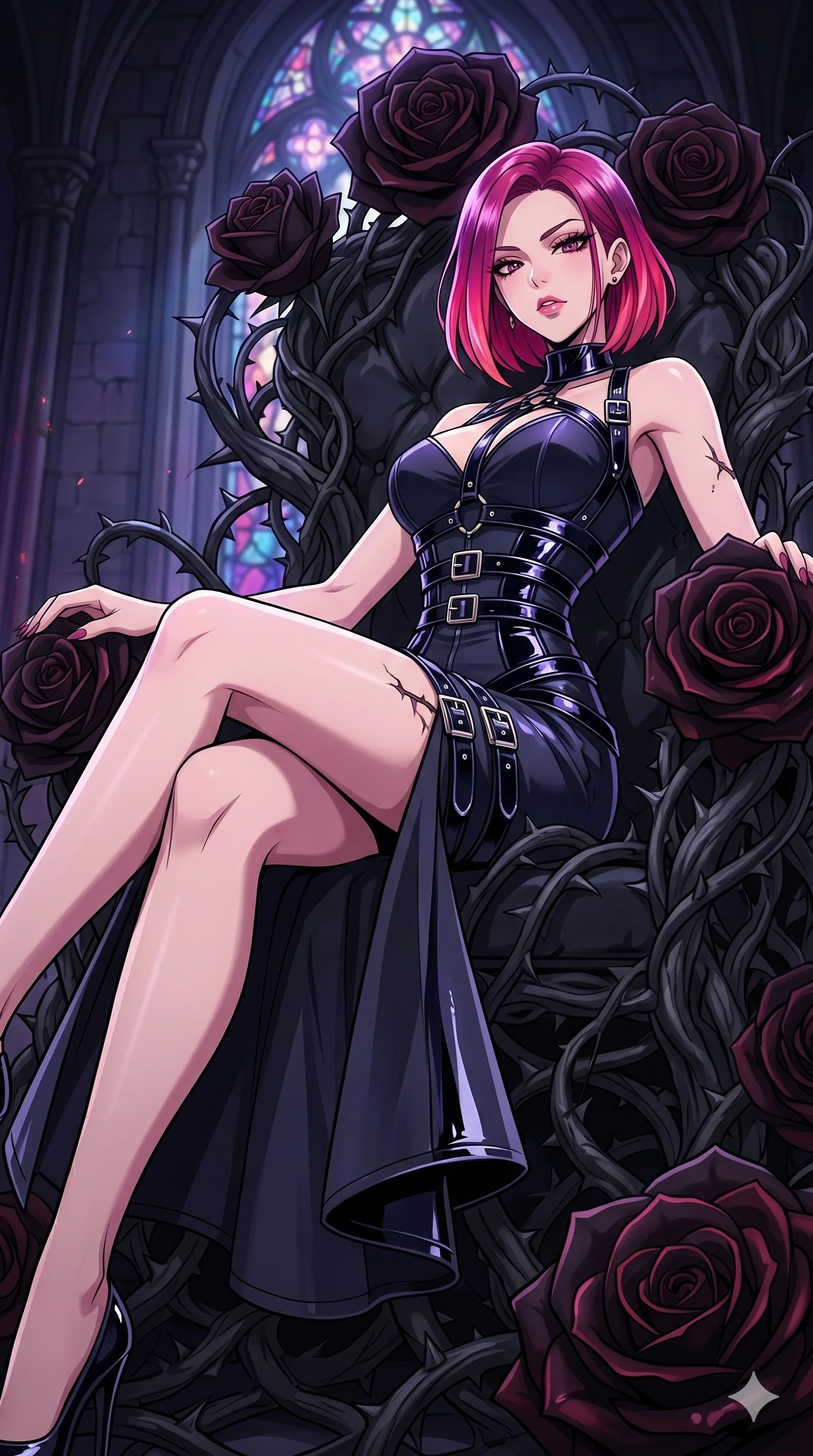 score_9, masterpiece, best quality, ultra-detailed, High-budget Anime Keyframe, East Asian woman. Dynamic full-body shot stretching the vertical silhouette to the limit. Scenario 190: Resting on a throne of black roses, thorns grazing her skin. Her presence is magnetic and overpowering in this high-budget anime scene. Outfit 190: A patent leather decorative accessory bands with a partially fastened couture element and metallic buckles. The clothing is designed to emphasize her exceptionally tall and slender 8-heads proportion. 8-heads proportion, towering silhouette, ultra-slim waist. sharp v-shaped jawline, intricate jewel-like eyes with depth, thick eyelashes, glossy lips. 2k, ultra detail, master piece, 9:16 ratio