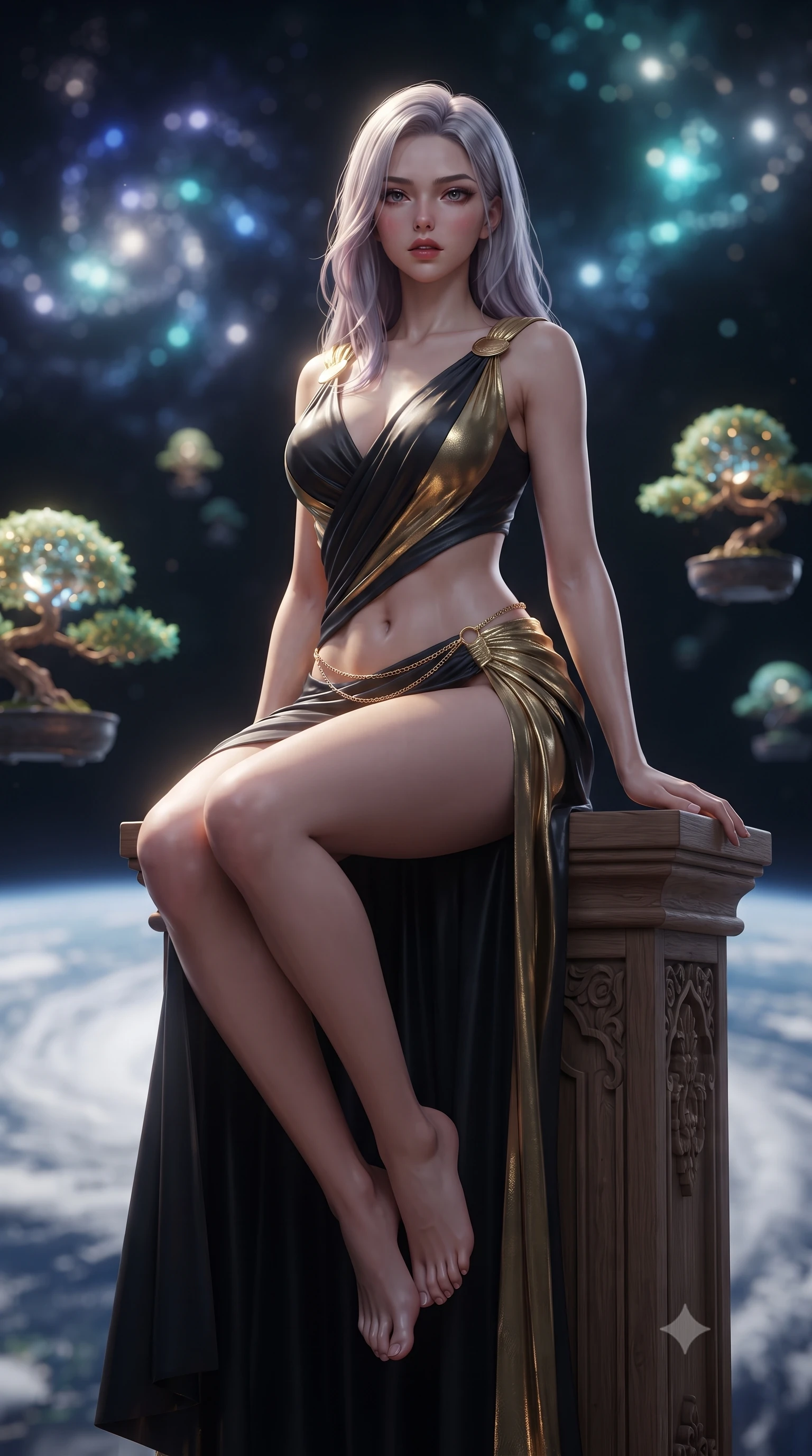 score_9, masterpiece, best quality, ultra-detailed, high-budget anime keyframe, editorial fashion photography, tasteful artistic composition, Caucasian woman. low angle full-body shot from head to toe showing her feet, filling the entire 9:16 vertical frame with her statuesque presence, stretching her vertical silhouette. sitting perched on the elevated edge with hips angled toward the camera and legs crossed, displaying her toned midriff and flawlessly sculpted slender limbs while leaning against a carved cedar post overlooking floating bonsai spheres, casting a serene, alluring bedroom-gaze through atmospheric haze. The composition keeps background elements in soft focus with creamy bokeh. swirling white cloud typhoons on Earth and distant orbital star clusters blurred into ethereal sapphire, turquoise, and pearl bokeh. She has an exceptionally tall and slender model-like 8.5-heads proportion, an ultra-slim waist, a flat toned midriff, narrow delicate ribcage, and beautifully sculpted feminine hips creating a graceful, slim hourglass silhouette without any bulky heaviness, with impossibly long slender legs. sharp v-shaped jawline, high-bridge nose, intricate jewel-like eyes with depth, thick eyelashes, glossy parted lips with a natural sheen, intensely captivating and seductive bedroom-eyes expression, flawlessly proportioned anatomical accuracy, strict slender model proportions, natural body alignment, perfectly sculpted long slender limbs, ultra-slim waistline, clean dynamic posture without body distortion. wearing a high-slit Grecian goddess draped gown with asymmetrical gold shoulder clasps and hip gathering in midnight obsidian black and liquid gold, crafted from luxurious metallic lamé that shifts radiance with every step, accented with a delicate gold chain belt resting loosely on her curvy hips, the form-contouring material adhering flawlessly to her sculpted flat midriff and slender torso, emphasizing her long leg lines and perfectly proportioned willowy build. illuminated by gentle directional sunlight sculpting her sculpted collarbones, ultra-slim waist, and curvy hips. ultra-reflective glossy finish, specular highlights, rich textural contrasts, high-contrast stereoscopic depth, volumetric dynamic lighting, 2k, ultra detail, master piece, 9:16 ratio