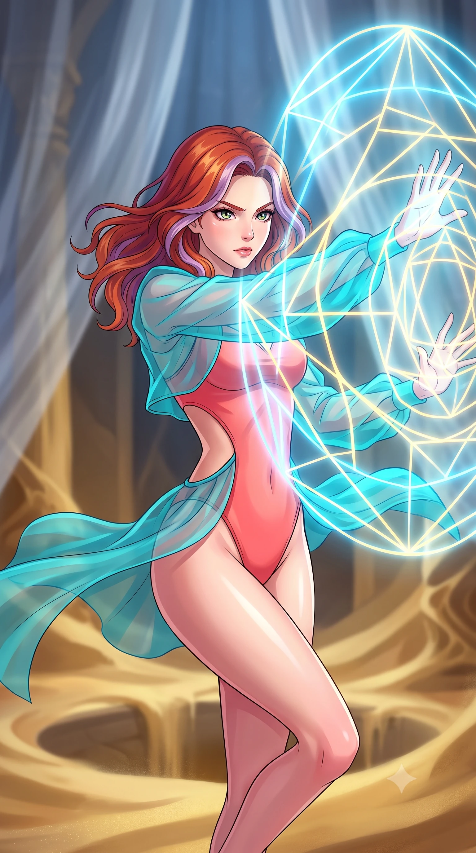score_9, masterpiece, best quality, ultra-detailed, high-budget anime keyframe, clean line-art, cel-shading, Caucasian woman, strictly human ears. close-up cowboy shot from the waist and thighs up, the character dominates the composition, filling the frame with her large presence, background elements kept in soft focus. Casting a protective shield, her face illuminated by the bright barrier glow. set against a soft-focus background of a temple made of golden sand that is flowing in mathematical fractal patterns down walls and into central pits. She has an exceptionally elegant and slender, willowy female figure with an ultra-slim waist, a gracefully sculpted slender torso, and a refined slim physique. sharp v-shaped jawline, high-bridge nose, intricate jewel-like eyes with depth, thick eyelashes, glossy lips with a natural sheen. wearing the lightweight fabric rippling and billowing dramatically with her movement, a form-contouring vibrant coral pink bodysuit with a dramatic open-waist cutout, layered with a sheer turquoise organza wrap shrug. cold silver moonlight filtered through translucent gossamer curtains casting delicate shadows. highly saturated vibrant anime colors, intense vivid color palette, volumetric dynamic lighting, 2k, ultra detail, master piece, 9:16 ratio