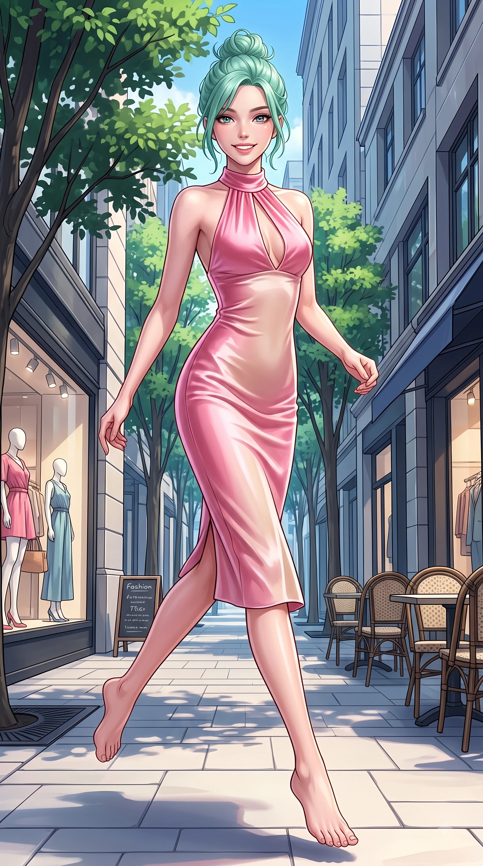 score_9, masterpiece, best quality, ultra-detailed, high-budget anime keyframe, editorial fashion photography, tasteful artistic composition, Japanese woman. low angle full-body shot from head to toe showing her feet, filling the entire 9:16 vertical frame with her statuesque presence, stretching her vertical silhouette. leaping with pure youthful energy through the scene with a radiant bright smile, her long slender legs balanced gracefully while stepping along a quiet tree-lined fashion avenue with an effortless statuesque posture. The surrounding environment is rendered in vivid detail and crisp panoramic clarity. intricate fashion displays, outdoor cafe seating, and crisp architectural shadows rendered in deep focus. She has an absolutely perfect, statuesque 8.5-heads proportion, an exceptionally tall and slender model-like female figure with impossibly long slender legs and an ultra-slim waist. sharp v-shaped jawline, high-bridge nose, intricate jewel-like eyes with depth, thick eyelashes, glossy lips with a natural sheen, flawlessly proportioned anatomical accuracy, natural body alignment, perfectly sculpted elegant limbs, clean dynamic posture without body distortion. wearing a velvet halter-neck midi dress fitting her statuesque contour flawlessly in bright cherry blossom pink and champagne, crafted from smooth liquid silk satin, accented with a Tasteful chest slit framing her clavicle gracefully, the sleek second-skin texture accentuating her magnetic presence. surrounded by a lively, stylish, and fresh city atmosphere. highly saturated vibrant anime colors, detailed shading with soft gradients, rich glossy textures, high-contrast stereoscopic depth, volumetric dynamic lighting, master piece, 9:16 ratio