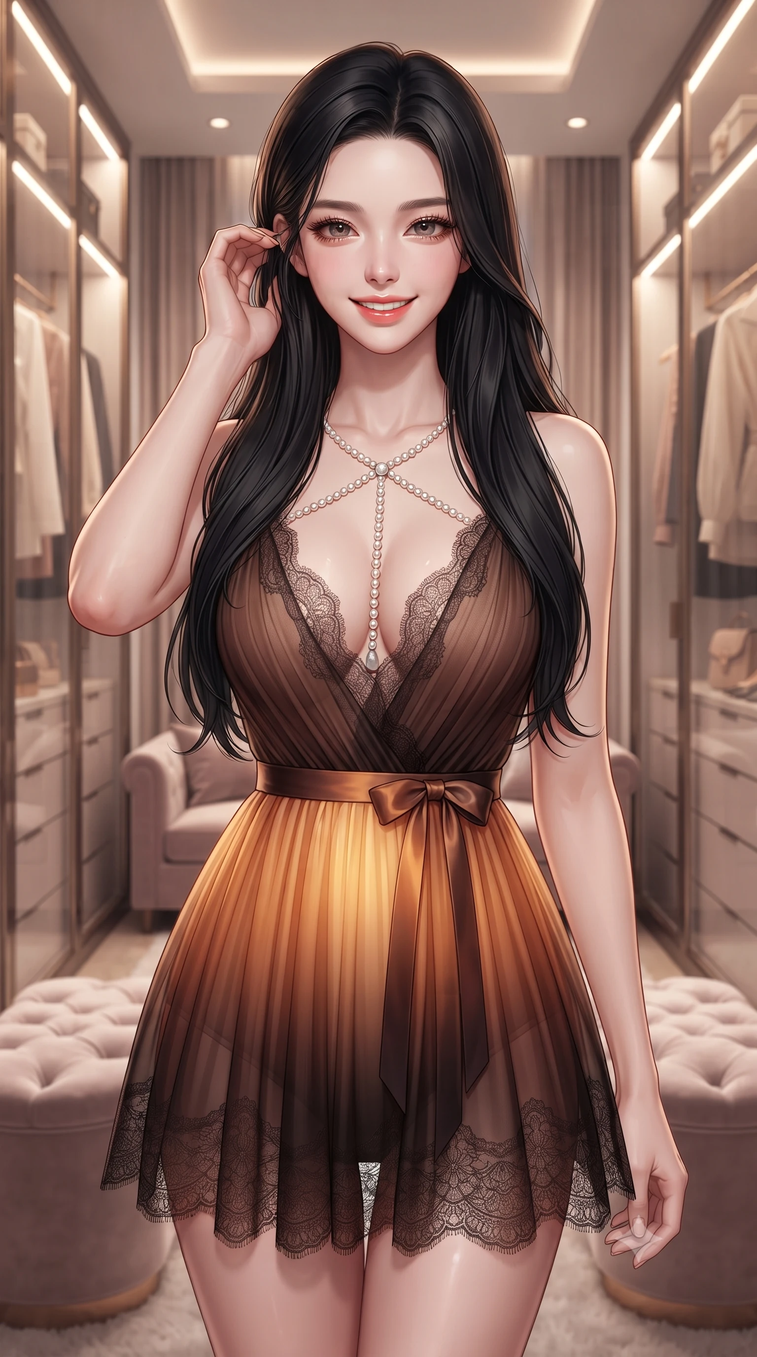 score_9, masterpiece, best quality, ultra-detailed, high-budget anime keyframe, editorial fashion photography, tasteful artistic composition, Korean woman. close-up cowboy shot from the waist and thighs up, the character dominates the composition, filling the frame with her large presence. gently brushing a lock of hair behind her ear while casting a playful, flirtatious side-gaze with long eyelashes while standing poised between floor-to-ceiling illuminated glass wardrobe vitrines, arching her back with sovereign supermodel posture. The background shows a soft-focus plush silk velvet banquettes softened in ultra-luxury private dressing suite shallow focus. She has an exceptionally elegant, slender, and willowy female figure with an ultra-slim waist, flat toned midriff, narrow ribcage, and sculpted feminine hips creating an alluring, slim hourglass silhouette without bulk. sharp v-shaped jawline, high-bridge nose, intricate jewel-like sparkling eyes with depth, thick eyelashes, glossy parted lips with a natural peach sheen, bright cheerful beaming smile with an enchanting and coquettish sensual glint, exuding both youthful cute charm and seductive allure, flawlessly proportioned anatomical accuracy, strict slender model proportions, natural body alignment, perfectly sculpted long slender limbs, ultra-slim waistline, clean dynamic posture without body distortion. wearing a sheer pleated chiffon baby-doll dress with a plunging sweetheart neckline and satin ribbon waist tie in Hannam-dong glowing amber and rich dark espresso, made of delicate semi-sheer French Chantilly lace with intricate eyelash edges, accented with a pearl-drop body harness subtly framing her dewy collarbones and spine, the liquid-tight tailored fabric clinging flawlessly to her narrow waist and rounded feminine hips, emphasizing every millimeter of her sculpted slim hourglass curves without any bulky heaviness. illuminated by polished mirror bounce fill and sharp rose-gold rim lights sculpting her jawline, narrow waist, and curvy hips. ultra-reflective glossy finish, specular highlights, rich textural contrasts, high-contrast stereoscopic depth, volumetric dynamic lighting, 2k, ultra detail, master piece, 9:16 ratio