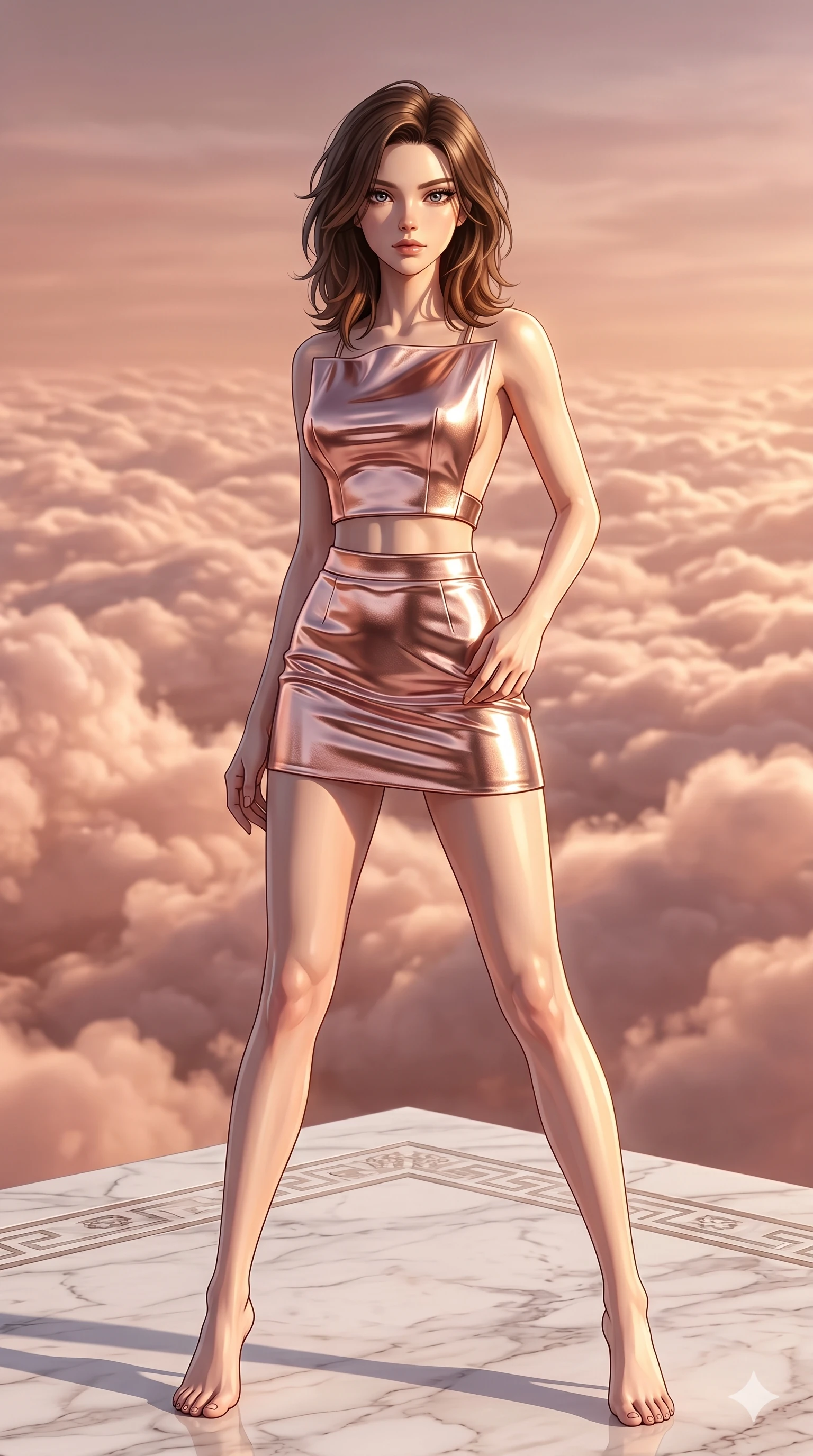 score_9, masterpiece, best quality, ultra-detailed, high-budget anime keyframe, editorial fashion photography, tasteful artistic composition, Korean woman. cowboy shot from the thighs up, character and outfit filling the frame for maximum editorial presence. Gazing past the camera with an air of effortless superiority atop a floating white marble terrace above a sea of luminous rose-gold clouds. She has an absolutely perfect 8-heads proportion, an exceptionally tall and slender female figure with impossibly long slender legs and an ultra-slim waist. V-shaped jawline, high-bridge nose, intricate jewel-like eyes with depth, thick eyelashes, glossy lips with a natural sheen. wearing a sculpted metallic rose-gold structured crop top with a forward-facing architectural neckline and a wide-open back, paired with a matching high-waist metallic mini skirt in the same liquid fabric. lit by dramatic chiaroscuro with a single golden key light carving her facial contours and figure. 2k, ultra detail, master piece, 9:16 ratio