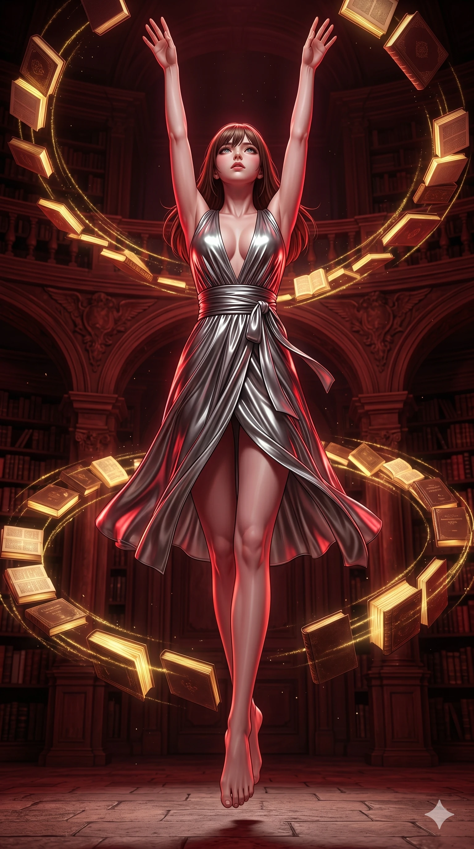 score_9, masterpiece, best quality, ultra-detailed, high-budget anime keyframe, editorial fashion photography, tasteful artistic composition, Korean woman. low angle full-body shot from head to toe showing her feet, filling the entire 9:16 vertical frame with her statuesque presence, stretching her vertical silhouette. Leaping upward with both arms extended overhead, body fully extended amidst a baroque library where glowing golden books orbit in slow spiral patterns. She has an absolutely perfect 8-heads proportion, an exceptionally tall and slender female figure with impossibly long slender legs and an ultra-slim waist. V-shaped jawline, high-bridge nose, intricate jewel-like eyes with depth, thick eyelashes, glossy lips with a natural sheen. wearing a metallic liquid-silver deep-V wrap dress with a dramatically plunging neckline, a wide cinched-waist tie-belt, and a fluid bias-cut skirt that falls mid-thigh to reveal long elegant legs. drenched in deep crimson theatrical lighting with sharp specular highlights on every curve. 2k, ultra detail, master piece, 9:16 ratio