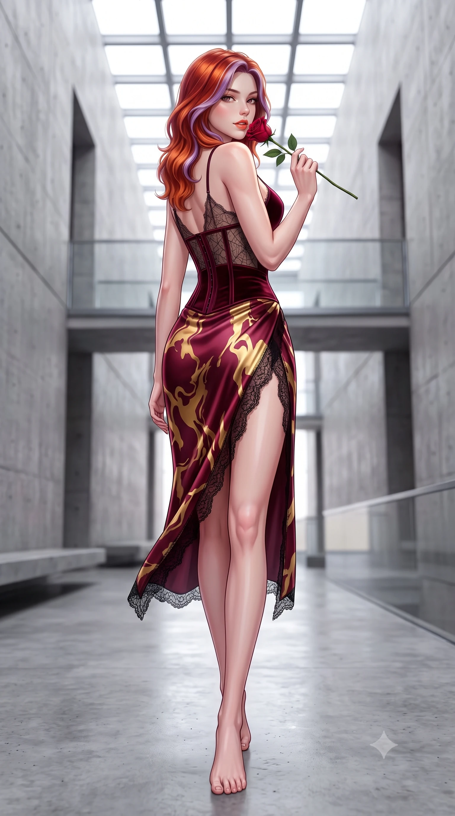 score_9, masterpiece, best quality, ultra-detailed, high-budget anime keyframe, semi-realistic 3D game render, editorial fashion photography, tasteful artistic composition, Caucasian woman. low angle full-body shot from head to toe showing her feet, filling the entire 9:16 vertical frame with her statuesque presence, stretching her vertical silhouette. walking along the terrace with poise, looking back over her bare shoulder with an irresistible smoldering bedroom-gaze while standing centered in the monumental exposed concrete atrium, arching her back with sculptural supermodel presence and razor-sharp gaze. The background shows a soft-focus monumental board-formed concrete walls, floating architectural bridges, and geometric skylight grids blurred into cool grey, white, and platinum bokeh. She has an absolutely perfect, statuesque 8.5-heads proportion, an exceptionally tall and slender model-like female figure with impossibly long slender legs, an ultra-slim waist, a flat toned midriff, narrow delicate ribcage, and beautifully sculpted feminine hips creating a graceful, slim hourglass silhouette without any bulky heaviness. sharp v-shaped jawline, high-bridge nose, sparkling eyes with hypnotic seductive depth, thick curled eyelashes, glossy parted lips with a natural dewy peach sheen, alluring bedroom-eyes with an enchanting coquettish smile, exuding magnetic siren charisma and sophisticated glamour, flawlessly proportioned anatomical accuracy, strict slender model proportions, natural body alignment, perfectly sculpted long slender limbs, ultra-slim waistline, clean dynamic posture without body distortion. wearing a plunging sweetheart-neckline boned velvet underbust corset over a sheer spiderweb lace camisole and high-slit satin skirt in smoldering bordeaux wine and liquid gold with black chantilly lace, made of delicate semi-sheer French Chantilly lace with intricate eyelash edges, accented with a single fresh-cut long-stemmed crimson rose held delicately near her parted lips, the high-slit wrap tailoring accentuating her ultra-slim waistline and the enchanting curve of her feminine hips with alluring seductive charm. bathed in intense crisp neutral 5500K daylight flooding directly down from the overhead glass skylight. highly saturated vibrant anime colors, detailed shading with soft gradients, rich glossy textures, high-contrast stereoscopic depth, volumetric dynamic lighting, master piece, 9:16 ratio