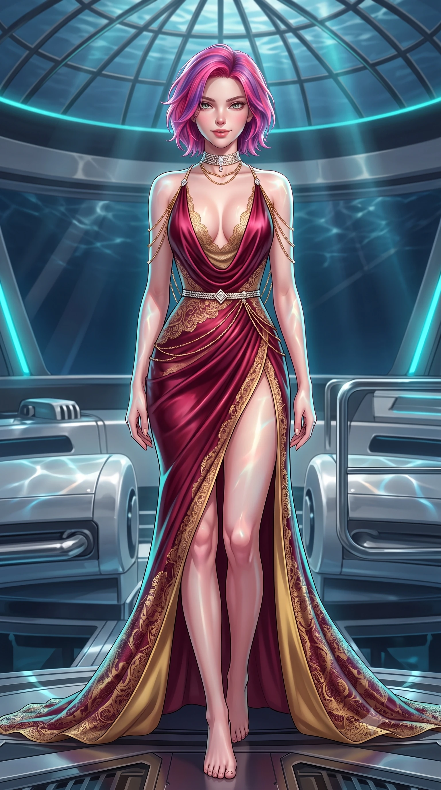 score_9, masterpiece, best quality, ultra-detailed, high-budget anime keyframe, semi-realistic 3D game render, editorial fashion photography, tasteful artistic composition, Caucasian woman. low angle full-body shot from head to toe showing her feet, filling the entire 9:16 vertical frame with her statuesque presence, stretching her vertical silhouette. stepping slowly toward the camera with hypnotic grace, hips swaying in an alluring sensual rhythm that accentuates her curvy hourglass silhouette and long slender legs while twisting her slender torso in an alluring contrapposto stance, shimmering aquatic light caustics refracting across her curves and flat midriff. The surrounding environment is rendered in vivid detail and crisp panoramic clarity: detailed strapless boned corset gown weave, diamond choker shine, and futuristic marine engineering in razor-sharp precision. She has an absolutely perfect, statuesque 8.5-heads proportion, an exceptionally tall and slender model-like female figure with impossibly long slender legs, an ultra-slim waist, a flat toned midriff, narrow delicate ribcage, and beautifully sculpted feminine hips creating a graceful, slim hourglass silhouette without any bulky heaviness. sharp v-shaped jawline, high-bridge nose, sparkling eyes with hypnotic seductive depth, thick curled eyelashes, glossy parted lips with a natural dewy peach sheen, alluring bedroom-eyes with an enchanting coquettish smile, exuding magnetic siren charisma and sophisticated glamour, flawlessly proportioned anatomical accuracy, strict slender model proportions, natural body alignment, perfectly sculpted long slender limbs, ultra-slim waistline, clean dynamic posture without body distortion. wearing a plunging cowl-neck liquid silk evening gown with dramatic train and diamond-accented waist cinch in Vienna imperial bordeaux and Habsburg gold, made of delicate semi-sheer French Chantilly lace with intricate eyelash edges, accented with an open-back drape framed by falling strands of delicate gold chains, the high-slit wrap tailoring accentuating her ultra-slim waistline and the enchanting curve of her feminine hips with alluring seductive charm. illuminated by dome acrylic reflection fill and sharp electric-cyan rim lights sculpting her jawline, flat midriff, and voluptuous hip curves. highly saturated vibrant anime colors, detailed shading with soft gradients, rich glossy textures, high-contrast stereoscopic depth, volumetric dynamic lighting, master piece, 9:16 ratio