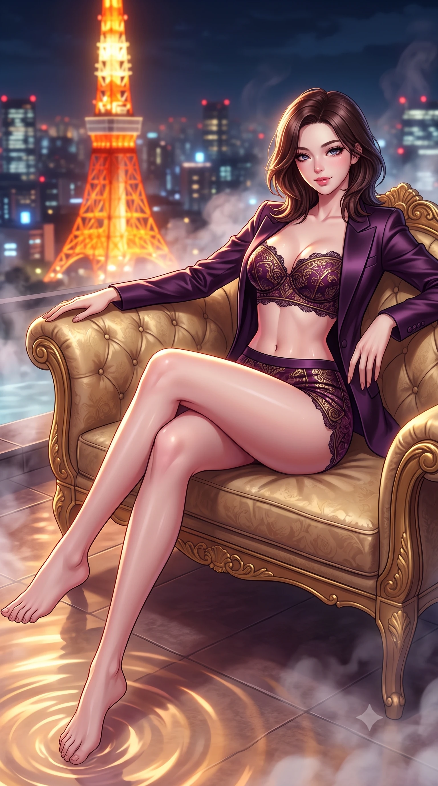 score_9, masterpiece, best quality, ultra-detailed, high-budget anime keyframe, semi-realistic 3D game render, editorial fashion photography, tasteful artistic composition, Korean woman. low angle full-body shot from head to toe showing her feet, filling the entire 9:16 vertical frame with her statuesque presence, stretching her vertical silhouette. reclining gracefully across the plush chaise lounge with one leg extended, her sculpted silhouette and flat midriff radiating magnetic nocturnal glamour while twisting her slender torso in an alluring S-curve, warm hot spring water ripples and red-orange tower lights tracing her narrow waist and curvy hips. The background shows a soft-focus blazing orange-and-white Tokyo Tower glowing nearby, infinite grid of metropolis neon lights, and swirling hot spring steam blurred into vermilion, sapphire, and amber bokeh. She has an absolutely perfect, statuesque 8.5-heads proportion, an exceptionally tall and slender model-like female figure with impossibly long slender legs, an ultra-slim waist, a flat toned midriff, narrow delicate ribcage, and beautifully sculpted feminine hips creating a graceful, slim hourglass silhouette without any bulky heaviness. sharp v-shaped jawline, high-bridge nose, sparkling eyes with hypnotic seductive depth, thick curled eyelashes, glossy parted lips with a natural dewy peach sheen, alluring bedroom-eyes with an enchanting coquettish smile, exuding magnetic siren charisma and sophisticated glamour, flawlessly proportioned anatomical accuracy, strict slender model proportions, natural body alignment, perfectly sculpted long slender limbs, ultra-slim waistline, clean dynamic posture without body distortion. wearing a tailored open-front satin smoking jacket worn over a jewel-embellished bandeau and micro-shorts in rich dark plum violet and gilded antique brass, tailored from fine structural neoprene with crisp architectural edges and smooth contouring, finished with scalloped eyelash lace trim framing her sweetheart neckline with intimate elegance, the liquid-tight tailored fabric clinging flawlessly to her narrow waist and rounded feminine hips, emphasizing every millimeter of her sculpted slim hourglass curves without any bulky heaviness. bathed in the warm underwater thermal pool glow paired with vivid red-orange neon spill from the illuminated Tokyo Tower. highly saturated vibrant anime colors, detailed shading with soft gradients, rich glossy textures, high-contrast stereoscopic depth, volumetric dynamic lighting, master piece, 9:16 ratio