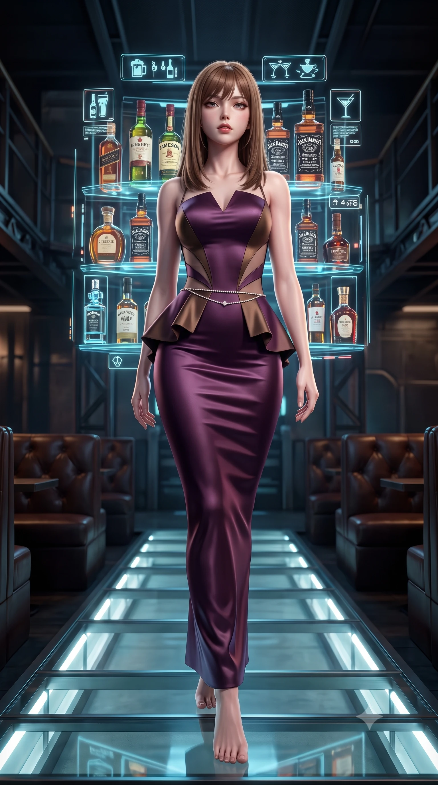 score_9, masterpiece, best quality, ultra-detailed, high-budget anime keyframe, semi-realistic 3D game render, editorial fashion photography, tasteful artistic composition, Korean woman. low angle full-body shot from head to toe showing her feet, filling the entire 9:16 vertical frame with her statuesque presence, stretching her vertical silhouette. striding forward in a proud supermodel runway stride, hips swaying in an alluring kinetic rhythm that accentuates her curvy hourglass silhouette while leaning back against an illuminated holographic liquor display with hips cocked, casting a smoky, dangerous bedroom-gaze past the camera. The composition keeps background elements in soft focus with creamy bokeh. high-tech bar gantries and dark leather booth silhouettes softened in moody cyberpunk shallow focus. She has an exceptionally tall and slender model-like 8.5-heads proportion, an ultra-slim waist, a flat toned midriff, narrow delicate ribcage, and beautifully sculpted feminine hips creating a graceful, slim hourglass silhouette without any bulky heaviness, with impossibly long slender legs. sharp v-shaped jawline, high-bridge nose, intricate jewel-like eyes with depth, thick eyelashes, glossy parted lips with a natural sheen, intensely captivating and seductive bedroom-eyes expression, flawlessly proportioned anatomical accuracy, strict slender model proportions, natural body alignment, perfectly sculpted long slender limbs, ultra-slim waistline, clean dynamic posture without body distortion. wearing a structural geometric peplum gown with sheer side-ribbon cutouts and form-fitting skirt in deep plum violet and antique bronze, tailored from ultra-smooth duchess satin with a pearlescent sheen, accented with a dainty diamond waist chain catching the ambient light reflections, the liquid-tight tailored fabric clinging flawlessly to her narrow waist and rounded feminine hips, emphasizing every millimeter of her sculpted slim hourglass curves without any bulky heaviness. illuminated by crisp directional edge lights defining her sculpted clavicle, flat midriff, and rounded hips. highly saturated vibrant anime colors, detailed shading with soft gradients, rich glossy textures, high-contrast stereoscopic depth, volumetric dynamic lighting, master piece, 9:16 ratio