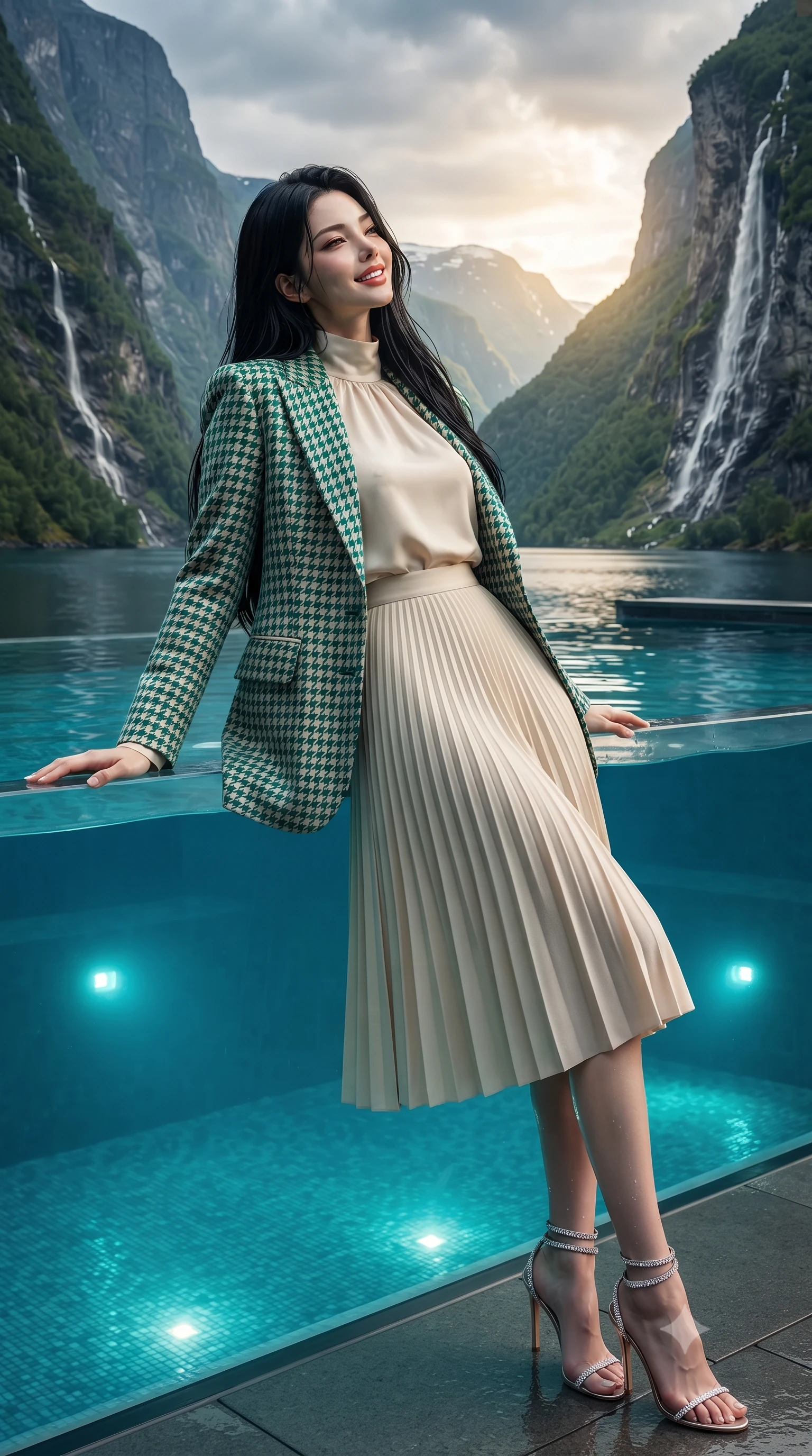 score_9, masterpiece, best quality, ultra-detailed, high-budget anime keyframe, editorial fashion photography, tasteful artistic composition, Korean woman. close-up cowboy shot from the waist and thighs up, the character dominates the composition, filling the frame with her large presence. leaning back against the balustrade with relaxed seductive grace, head tilted back slightly while casting a hypnotic, heavy-lidded gaze while leaning against the acrylic infinity pool rim with hips cocked back, looking up at sheer 1,000-meter vertical granite cliffs and tumbling waterfalls with heavy-lidded bedroom-eyes. The surrounding environment is rendered in vivid detail and crisp panoramic clarity: detailed outfit texture, wet cling or bodycon fit, and breathtaking fjord engineering in razor-sharp precision. She has an exceptionally elegant, slender, and willowy female figure with an ultra-slim waist, flat toned midriff, narrow ribcage, and sculpted feminine hips creating an alluring, slim hourglass silhouette without bulk. sharp v-shaped jawline, high-bridge nose, intricate jewel-like sparkling eyes with depth, thick eyelashes, glossy parted lips with a natural peach sheen, bright cheerful beaming smile with an enchanting and coquettish sensual glint, exuding both youthful cute charm and seductive allure, flawlessly proportioned anatomical accuracy, strict slender model proportions, natural body alignment, perfectly sculpted long slender limbs, ultra-slim waistline, clean dynamic posture without body distortion. wearing a bespoke Normandy houndstooth equestrian blazer draped over a high-neck silk crepe blouse and pleated midi skirt in Mayan cenote emerald jade and subterranean limestone cream, crafted from bespoke double-faced cashmere with an exceptionally soft tactile finish, complemented by strappy stiletto sandals with crystal ankle wraps accentuating her slender calves, the bespoke structured tailoring following the natural line of her 8.5-heads silhouette with refined elegance. bathed in underwater pool turquoise LEDs combined with golden late-evening sun filtering between narrow mountain gaps. ultra-reflective glossy finish, specular highlights, rich textural contrasts, high-contrast stereoscopic depth, volumetric dynamic lighting, 2k, ultra detail, master piece, 9:16 ratio