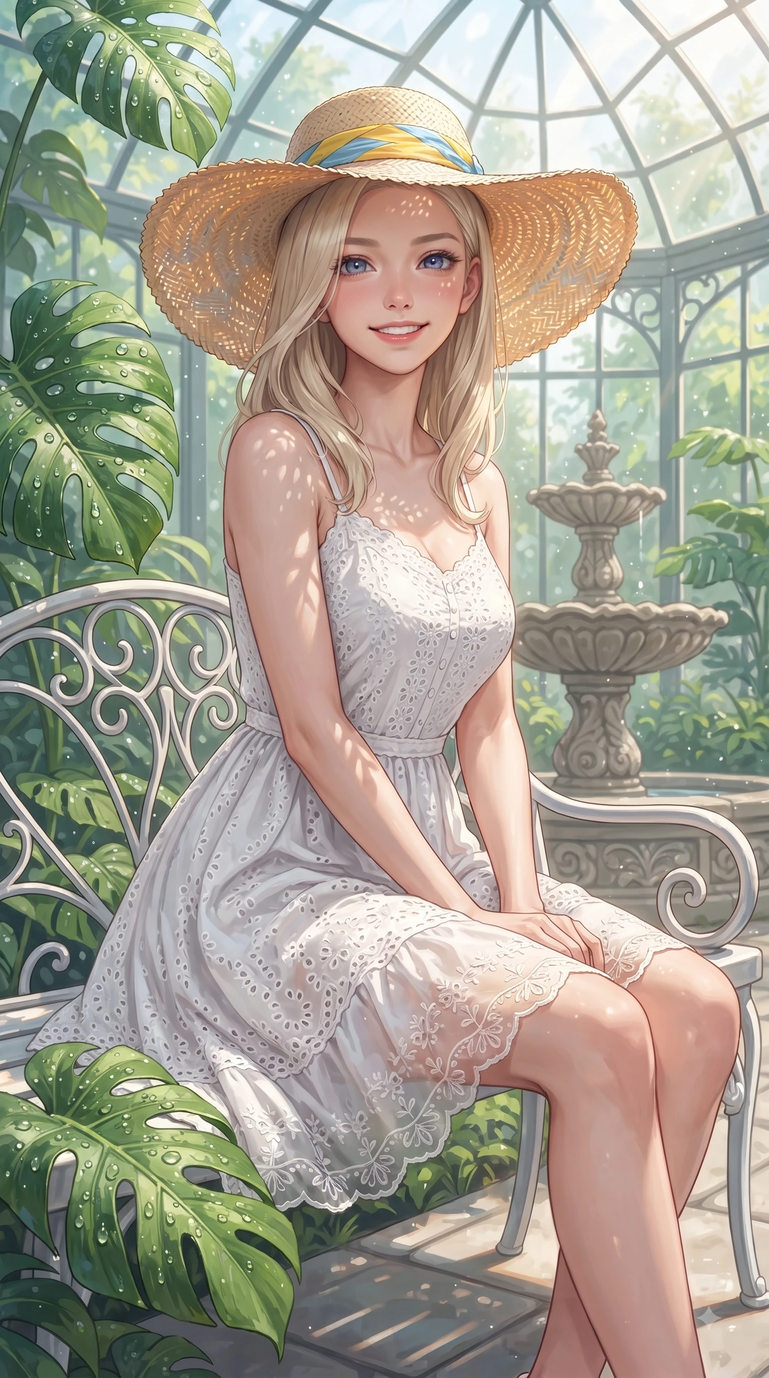score_9, masterpiece, best quality, ultra-detailed, high-budget anime keyframe, editorial fashion photography, tasteful artistic composition, Caucasian woman. close-up cowboy shot from the waist and thighs up, the character dominates the composition, filling the frame with her large presence. Tilting her chin up with a sweet beaming smile of pure delight while balancing dynamically amidst the scene while sitting on a classic white iron bench in a sun-drenched glasshouse surrounded by emerald greenery. The surrounding environment is rendered in vivid detail and crisp panoramic clarity. dewdrops on Monstera leaves, stone fountain details, and clear glass geometric panels rendered in crisp resolution. She has an exceptionally elegant, slender, and willowy female figure with an ultra-slim waist, a gracefully sculpted slender torso, and a refined silhouette. sharp v-shaped jawline, high-bridge nose, intricate jewel-like eyes with depth, thick eyelashes, glossy lips with a natural sheen, flawlessly proportioned anatomical accuracy, natural body alignment, perfectly sculpted elegant limbs, clean dynamic posture without body distortion. wearing an airy white eyelet lace sundress with a woven straw hat motif in sunny daffodil yellow and clear sky blue, crafted from soft breathable linen, complemented by delicate embroidered floral trim along the hem, the soft airy drape swaying gracefully with her dynamic movements. illuminated by fresh botanical sunbeams casting delicate leaf patterns. ultra-reflective glossy finish, specular highlights, metallic sheen, high-contrast stereoscopic depth, volumetric dynamic lighting, 2k, ultra detail, master piece, 9:16 ratio
