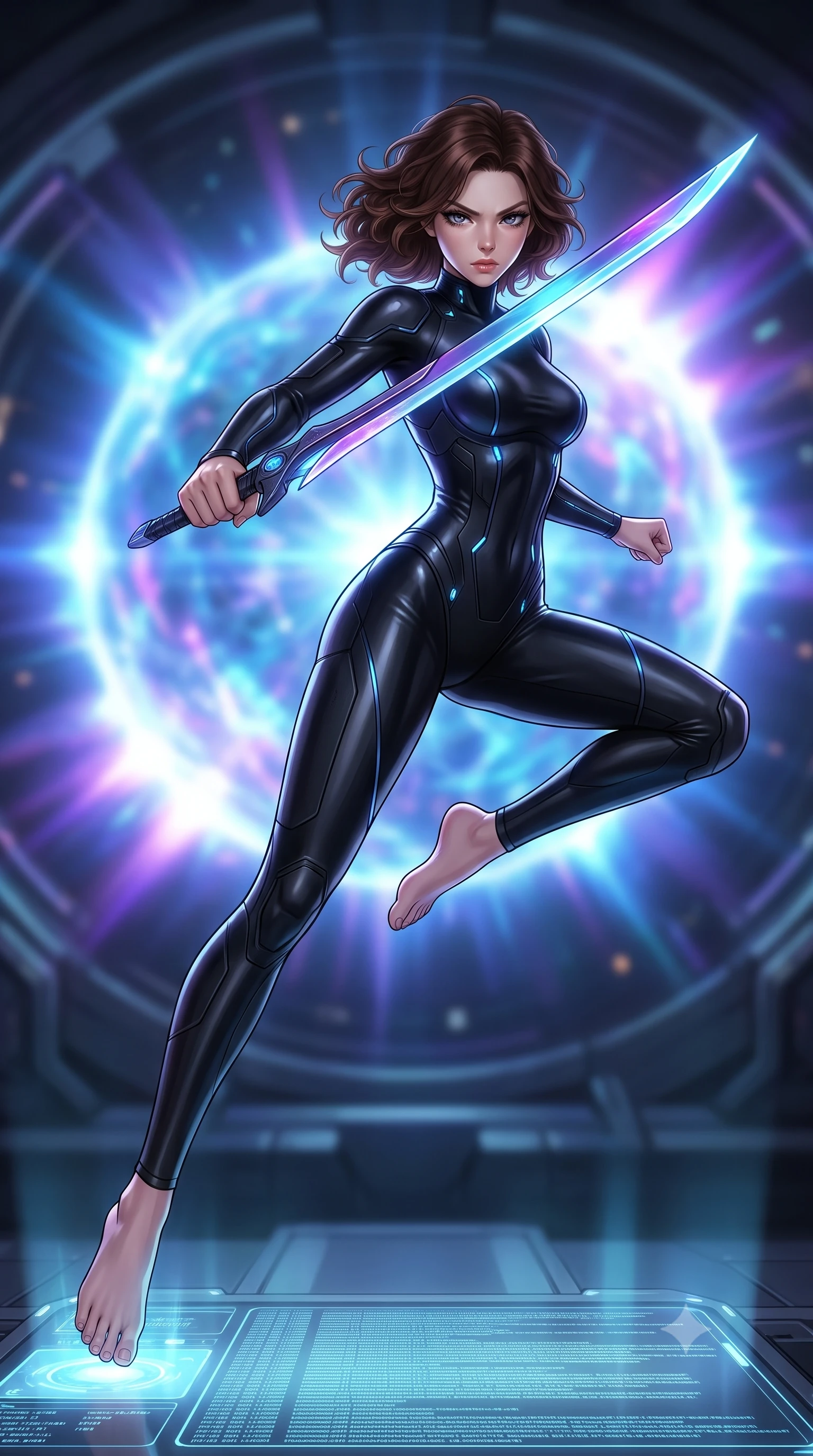 score_9, masterpiece, best quality, ultra-detailed, high-budget anime keyframe, editorial fashion photography, tasteful artistic composition, Korean woman. low angle full-body shot from head to toe showing her feet, filling the entire 9:16 vertical frame with her statuesque presence, stretching her vertical silhouette. leaping forward while slashing with a twin-bladed plasma sword in mid-air, her body-contouring suit showing her athletic silhouette, the background shows a soft-focus a spaceship engine room viewing deck facing a pulsating gravity core. She has an absolutely perfect, statuesque 8.5-heads proportion, an exceptionally tall and slender model-like female figure with impossibly long slender legs and an ultra-slim waist. sharp v-shaped jawline, high-bridge nose, intricate jewel-like eyes with depth, thick eyelashes, glossy lips with a natural sheen. wearing a body-hugging form-fitting cybernetic combat suit in matte black latex, tracing her willowy silhouette with a high neck. shifting blue plasma flares from the core casting high-contrast chiaroscuro shadows. highly saturated vibrant anime colors, detailed shading with soft gradients, rich glossy textures, high-contrast stereoscopic depth, volumetric dynamic lighting, master piece, 9:16 ratio