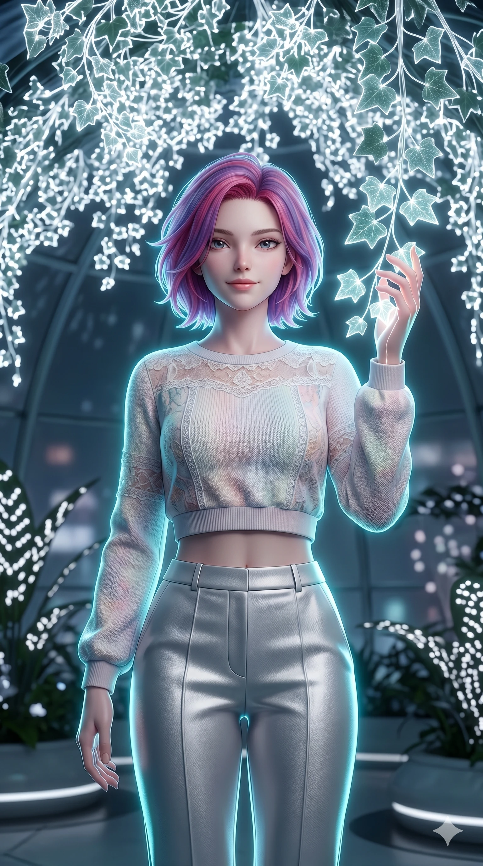 score_9, masterpiece, best quality, ultra-detailed, high-budget anime keyframe, semi-realistic 3D game render, Caucasian woman, strictly human ears. Upper body close-up from the thighs up, character filling the screen for maximum presence. Standing under a dome of glowing fiber-optic ivy, touching an ivy leaf, looking towards the camera with a calm, peaceful smile. She is wearing a casual cropped sweater with delicate panels and structured silver trousers. The scene is lit by the cool white light of the ivy and a cyan rim light. 2k, ultra detail, master piece, 9:16 ratio
