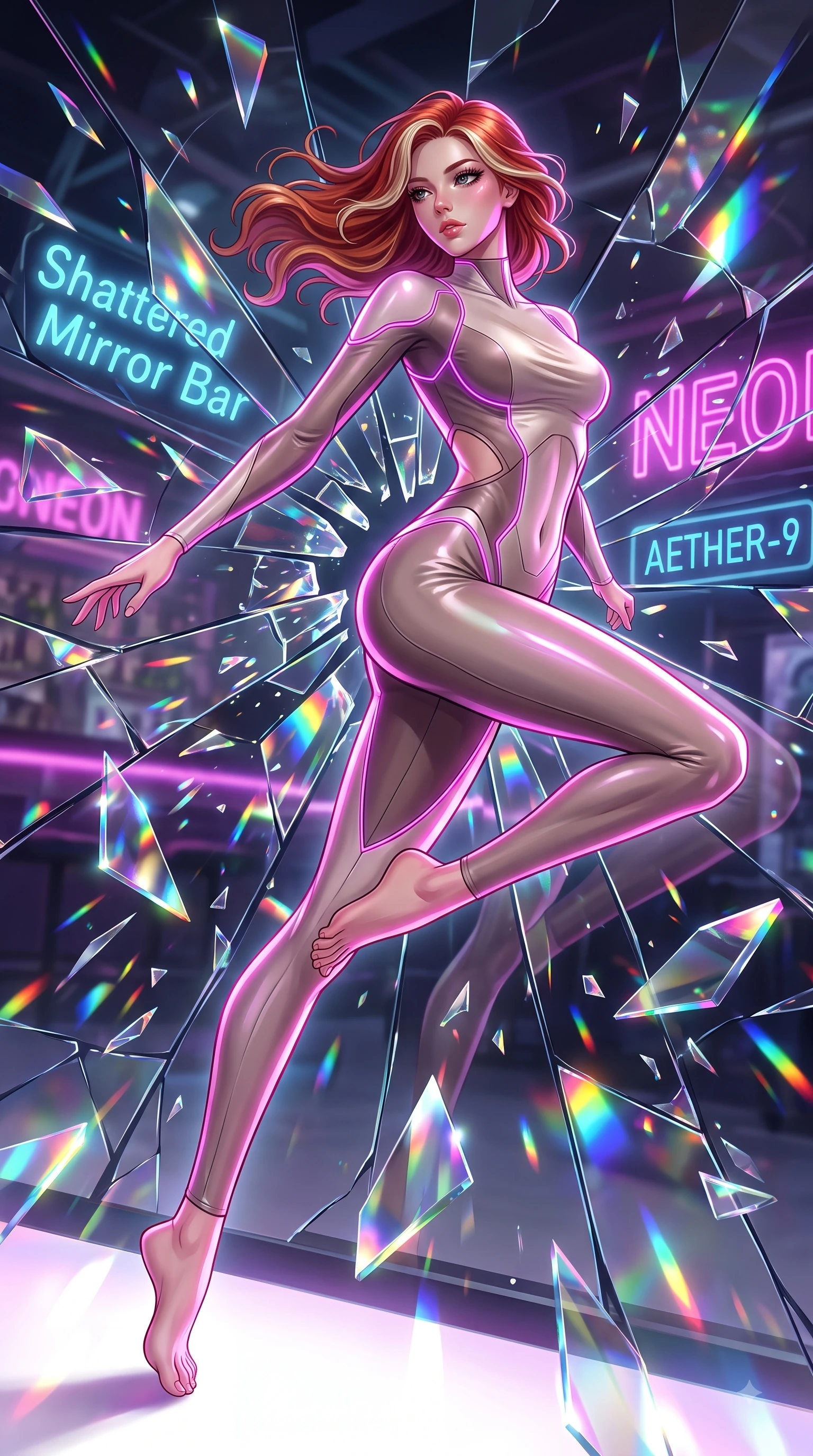 score_9, masterpiece, best quality, ultra-detailed, high-budget anime keyframe, editorial fashion photography, tasteful artistic composition, Caucasian woman. low angle full-body shot from head to toe showing her feet, filling the entire 9:16 vertical frame with her statuesque presence, stretching her vertical silhouette. leaping gracefully through mid-air with statuesque elegance, her impossibly long slender legs stretched in perfect balance while pivoting dynamically in front of a shattered mirror bar as magenta neon reflections trace her curves, shattered mirror bar fragments scattering brilliant rainbow specular highlights. She has an absolutely perfect, statuesque 8.5-heads proportion, an exceptionally tall and slender model-like female figure with impossibly long slender legs and an ultra-slim waist. sharp v-shaped jawline, high-bridge nose, intricate jewel-like eyes with depth, thick eyelashes, glossy lips with a natural sheen, flawlessly proportioned anatomical accuracy, natural body alignment, perfectly sculpted elegant limbs, clean dynamic posture without body distortion. wearing a skin-tight cybernetic bodysuit with glowing neon seams and side cutouts in muted taupe and soft ivory, crafted from lustrous satin jersey with fluid draping, featuring subtle geometric cutouts that highlight her ultra-slim midriff, the elegant draped fit framing her graceful clavicle and slender torso. drenched in wet neon reflections with brilliant specular highlights on her silhouette. highly saturated vibrant anime colors, detailed shading with soft gradients, rich glossy textures, high-contrast stereoscopic depth, volumetric dynamic lighting, master piece, 9:16 ratio