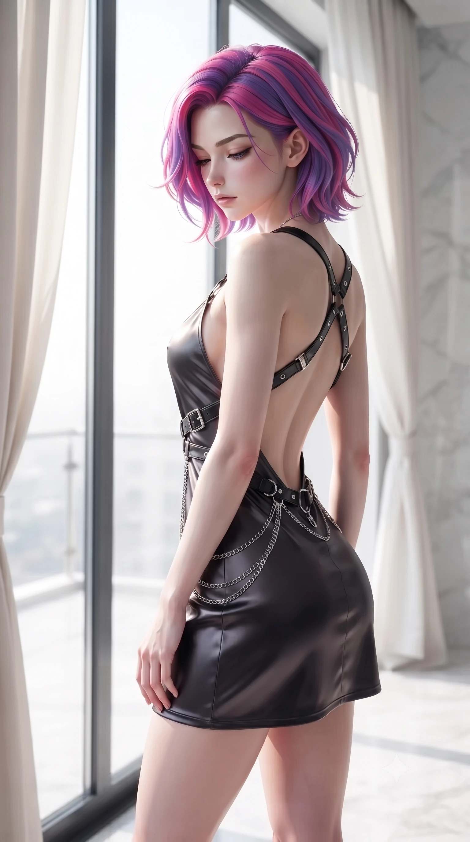 score_9, masterpiece, best quality, ultra-detailed, high-budget anime keyframe, editorial fashion photography, tasteful artistic composition, Caucasian woman. close-up cowboy shot from the waist and thighs up, the character dominates the composition, filling the frame with her large presence, background elements kept in soft focus. Looking down with lowered lashes and a composed, powerful dark aura, poised beside a floor-to-ceiling glass window framed by billowing ivory curtains, bright airy white marble backdrop creating high-contrast visual purity. She has an exceptionally elegant, slender, and willowy female figure with an ultra-slim waist, a gracefully sculpted slender torso, and a refined silhouette. sharp v-shaped jawline, high-bridge nose, intricate jewel-like eyes with depth, thick eyelashes, glossy lips with a natural sheen. wearing dramatically scooped backless dark satin mini dress with criss-cross chrome straps in pitch-black onyx, made of polished black leather, framed by dark titanium buckles and silver chain details, highlighting her statuesque proportions and ultra-slim waistline. illuminated by bright natural key rays and soft ambient fill light. ultra-reflective glossy finish, specular highlights, metallic sheen, high-contrast stereoscopic depth, volumetric dynamic lighting, 2k, ultra detail, master piece, 9:16 ratio