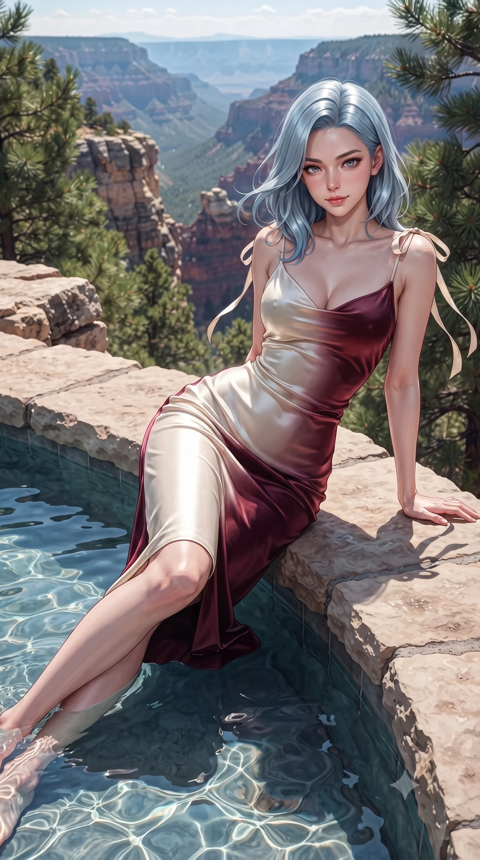score_9, masterpiece, best quality, ultra-detailed, high-budget anime keyframe, editorial fashion photography, tasteful artistic composition, Korean woman. close-up cowboy shot from the waist and thighs up, the character dominates the composition, filling the frame with her large presence. leaning forward while arching her lower back to accentuate her curvy hips, looking into the camera with an intoxicating smoldering gaze and bedroom-eyes while lounging in the heated water propped on the pool rim with legs extended, her statuesque 8.5-heads silhouette commanding the canyon panorama. The surrounding environment is rendered in vivid detail and crisp panoramic clarity: sharp rough-hewn limestone rock strata, crystal-clear pool water surface caustics, and alpine pine needles in deep focus. She has an exceptionally elegant, slender, and willowy female figure with an ultra-slim waist, flat toned midriff, narrow ribcage, and sculpted feminine hips creating an alluring, slim hourglass silhouette without bulk. sharp v-shaped jawline, high-bridge nose, intricate jewel-like sparkling eyes with depth, thick eyelashes, glossy parted lips with a natural peach sheen, bright cheerful beaming smile with an enchanting and coquettish sensual glint, exuding both youthful cute charm and seductive allure, flawlessly proportioned anatomical accuracy, strict slender model proportions, natural body alignment, perfectly sculpted long slender limbs, ultra-slim waistline, clean dynamic posture without body distortion. wearing a liquid satin slip dress tailored with bias-cut curves clinging smoothly over her hips in Belvedere ivory pearl and Habsburg bordeaux wine, tailored from ultra-plush silk velvet with rich tactile depth and deep shadow gradients, finished with satin ribbon ties at the shoulders fluttering in the gentle breeze, the liquid-tight tailored fabric clinging flawlessly to her narrow waist and rounded feminine hips, emphasizing every millimeter of her sculpted slim hourglass curves without any bulky heaviness. illuminated by pool water reflection bounce and sharp platinum-cyan rim lights defining her dewy collarbones, ultra-slim waist, and curvy hips. ultra-reflective glossy finish, specular highlights, rich textural contrasts, high-contrast stereoscopic depth, volumetric dynamic lighting, 2k, ultra detail, master piece, 9:16 ratio