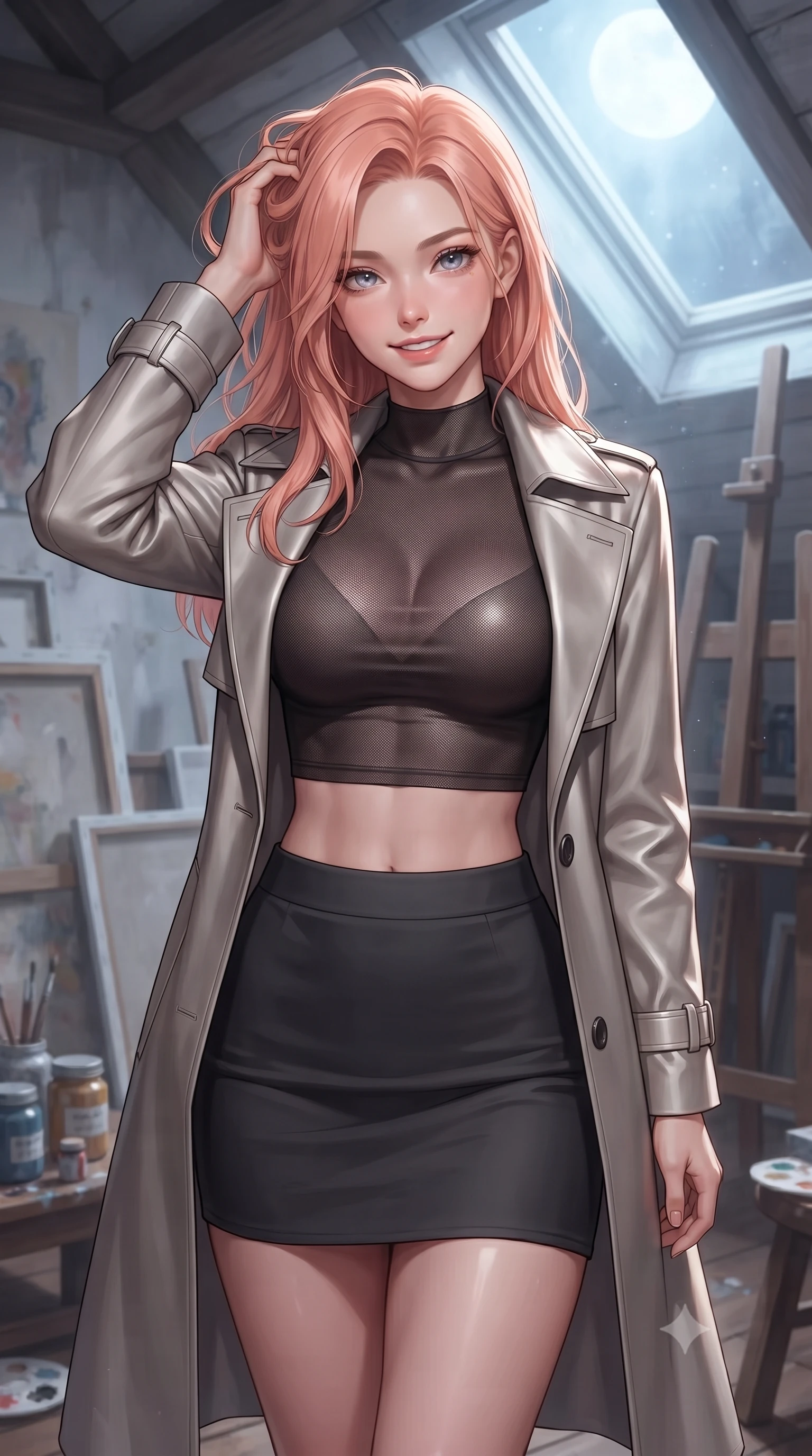score_9, masterpiece, best quality, ultra-detailed, high-budget anime keyframe, editorial fashion photography, tasteful artistic composition, Japanese woman. close-up cowboy shot from the waist and thighs up, the character dominates the composition, filling the frame with her large presence, background elements kept in soft focus. smiling with quiet, magnetic self-assurance directly into the camera, running a hand through her hair the background shows a soft-focus an artist's attic studio filled with canvases, paint jars, and a wooden easel near a skylight. She has an exceptionally elegant, slender, and willowy female figure with an ultra-slim waist, a gracefully sculpted slender torso, and a refined silhouette. sharp v-shaped jawline, high-bridge nose, intricate jewel-like eyes with depth, thick eyelashes, glossy lips with a natural sheen. wearing a body-hugging semi-opaque dark mesh crop top paired with a mini skirt, layered with a tailored light trench coat. cool silver moonlight filtering through the skylight, painting the canvas in a soft wash. ultra-reflective glossy finish, specular highlights, metallic sheen, high-contrast stereoscopic depth, volumetric dynamic lighting, 2k, ultra detail, master piece, 9:16 ratio