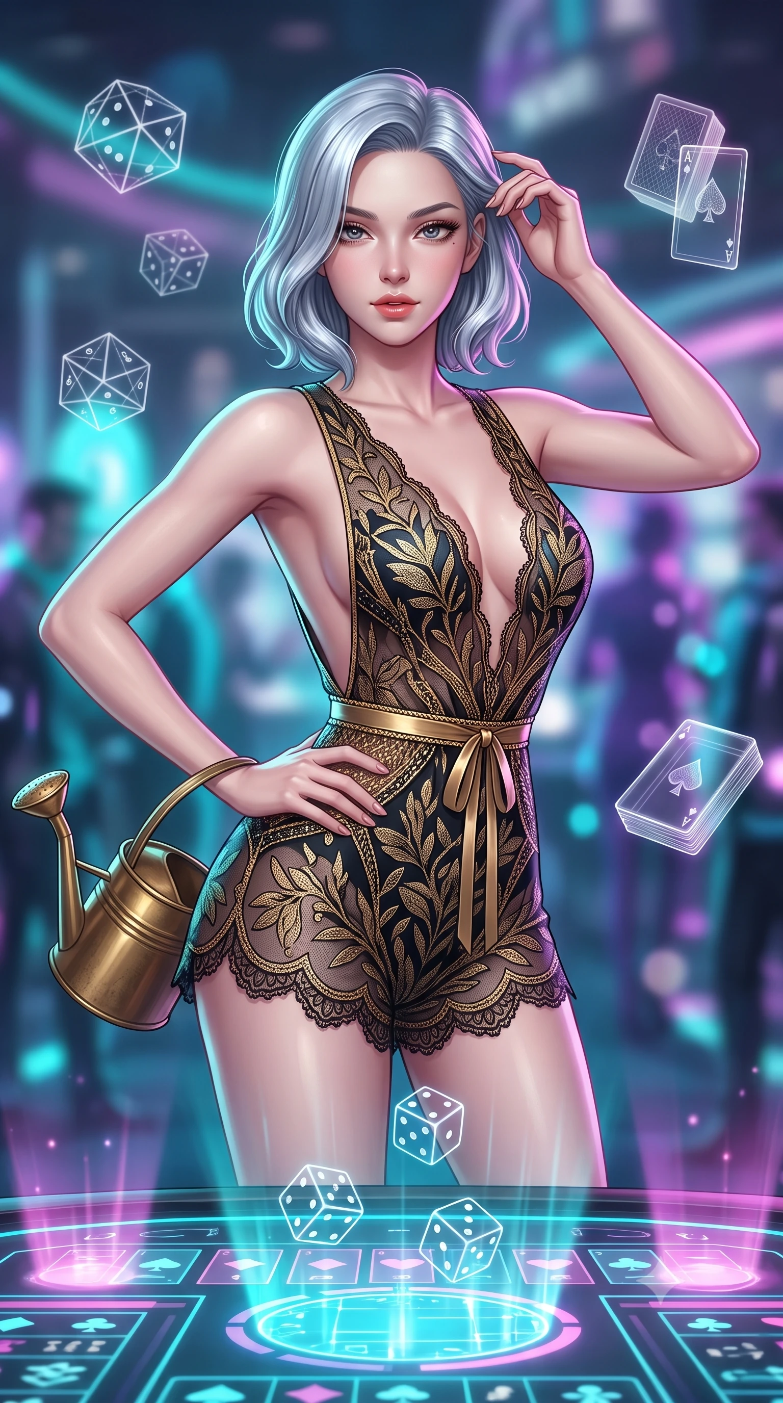 score_9, masterpiece, best quality, ultra-detailed, high-budget anime keyframe, semi-realistic 3D game render, editorial fashion photography, tasteful artistic composition, Korean woman. close-up cowboy shot from the waist and thighs up, the character dominates the composition, filling the frame with her large presence. twisting her slender torso in an alluring contrapposto stance, one hand resting on her sculpted hip while her fingers toy with her hair with effortless poise while standing poised at the holographic dice table, arching her spine with seductive poise as floating digital dice roll in mid-air. The background shows a soft-focus floating geometric dice wireframes, levitating acrylic card decks, and moving neon patrons blurred into cyan, violet, and electric silver bokeh. She has an exceptionally elegant, slender, and willowy female figure with an ultra-slim waist, flat toned midriff, narrow ribcage, and sculpted feminine hips creating an alluring, slim hourglass silhouette without bulk. sharp v-shaped jawline, high-bridge nose, sparkling eyes with hypnotic seductive depth, thick curled eyelashes, glossy parted lips with a natural dewy peach sheen, alluring bedroom-eyes with an enchanting coquettish smile, exuding magnetic siren charisma and sophisticated glamour, flawlessly proportioned anatomical accuracy, strict slender model proportions, natural body alignment, perfectly sculpted long slender limbs, ultra-slim waistline, clean dynamic posture without body distortion. wearing a deep V-neck botanical romper with scalloped eyelash-lace hems and a cinched satin ribbon tracing her narrow waist in liquid gold chainmail and midnight obsidian black with diamond accents, made of semi-opaque stretch illusion mesh with soft shadowy contours, finished with an antique brass watering can held casually at her side, the precision-cut side openings and low-back scoop framing her graceful spine and the sensual sweep of her slim, toned hips. bathed in vibrant cyan and magenta light radiating directly from embedded table displays. highly saturated vibrant anime colors, detailed shading with soft gradients, rich glossy textures, high-contrast stereoscopic depth, volumetric dynamic lighting, master piece, 9:16 ratio