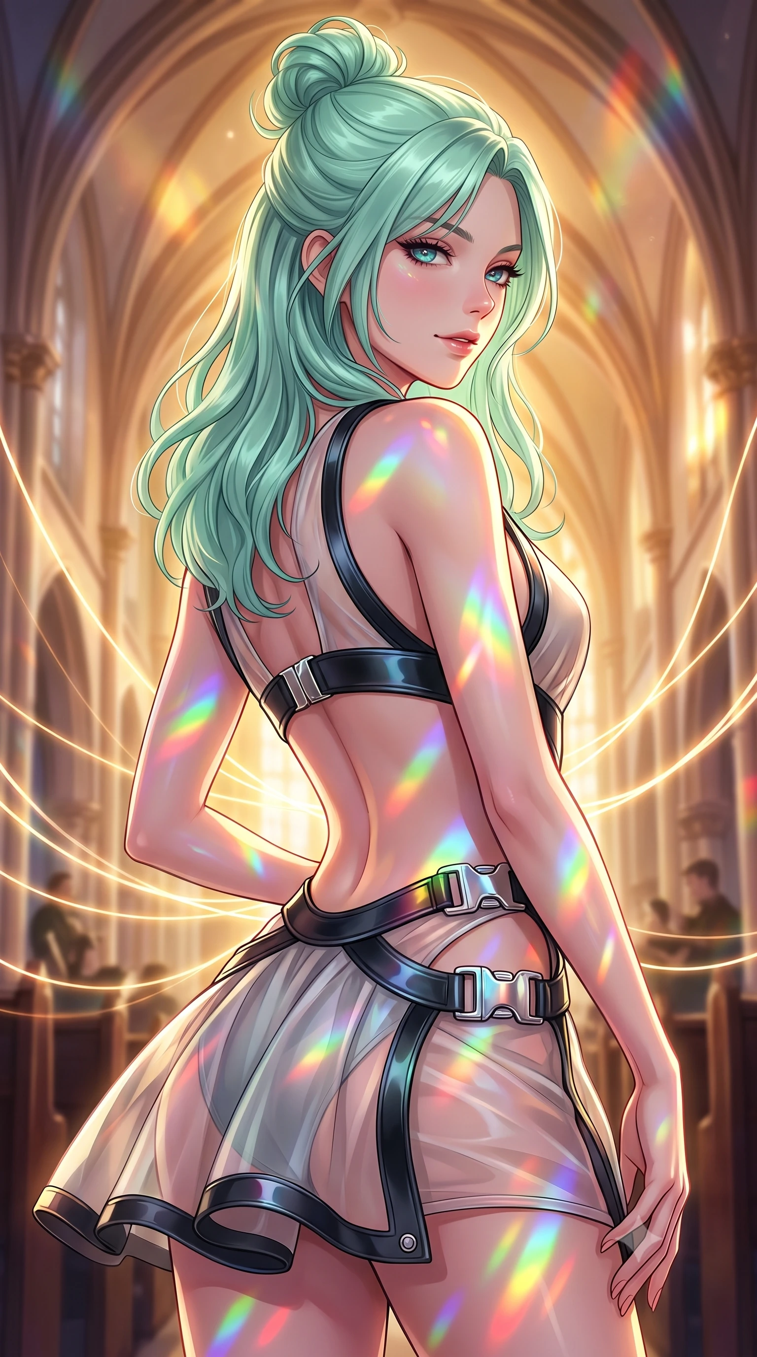 score_9, masterpiece, best quality, ultra-detailed, high-budget anime keyframe, editorial fashion photography, tasteful artistic composition, Japanese woman. close-up cowboy shot from the waist and thighs up, the character dominates the composition, filling the frame with her large presence, background elements kept in soft focus. Glancing sidelong over her shoulder with a smoldering half-smile and heavy lashes guiding glowing choir light threads weaving through majestic vaulted arches, vibrant rainbow light patterns projected across her skin and costume. She has an exceptionally elegant, slender, and willowy female figure with an ultra-slim waist, a gracefully sculpted slender torso, and a refined silhouette. sharp v-shaped jawline, high-bridge nose, intricate jewel-like eyes with depth, thick eyelashes, glossy lips with a natural sheen. wearing a dramatic open-waist cutout mini dress framed by sculptural hardware in matte black and polished silver, woven from fine semi-opaque sheer organza, detailed with polished silver buckles along the waistline, the elegant draped fit framing her graceful clavicle and slender torso. illuminated by a warm golden key light and brilliant multi-color rim light. highly saturated vibrant anime colors, detailed shading with soft gradients, rich glossy textures, high-contrast stereoscopic depth, volumetric dynamic lighting, master piece, 9:16 ratio