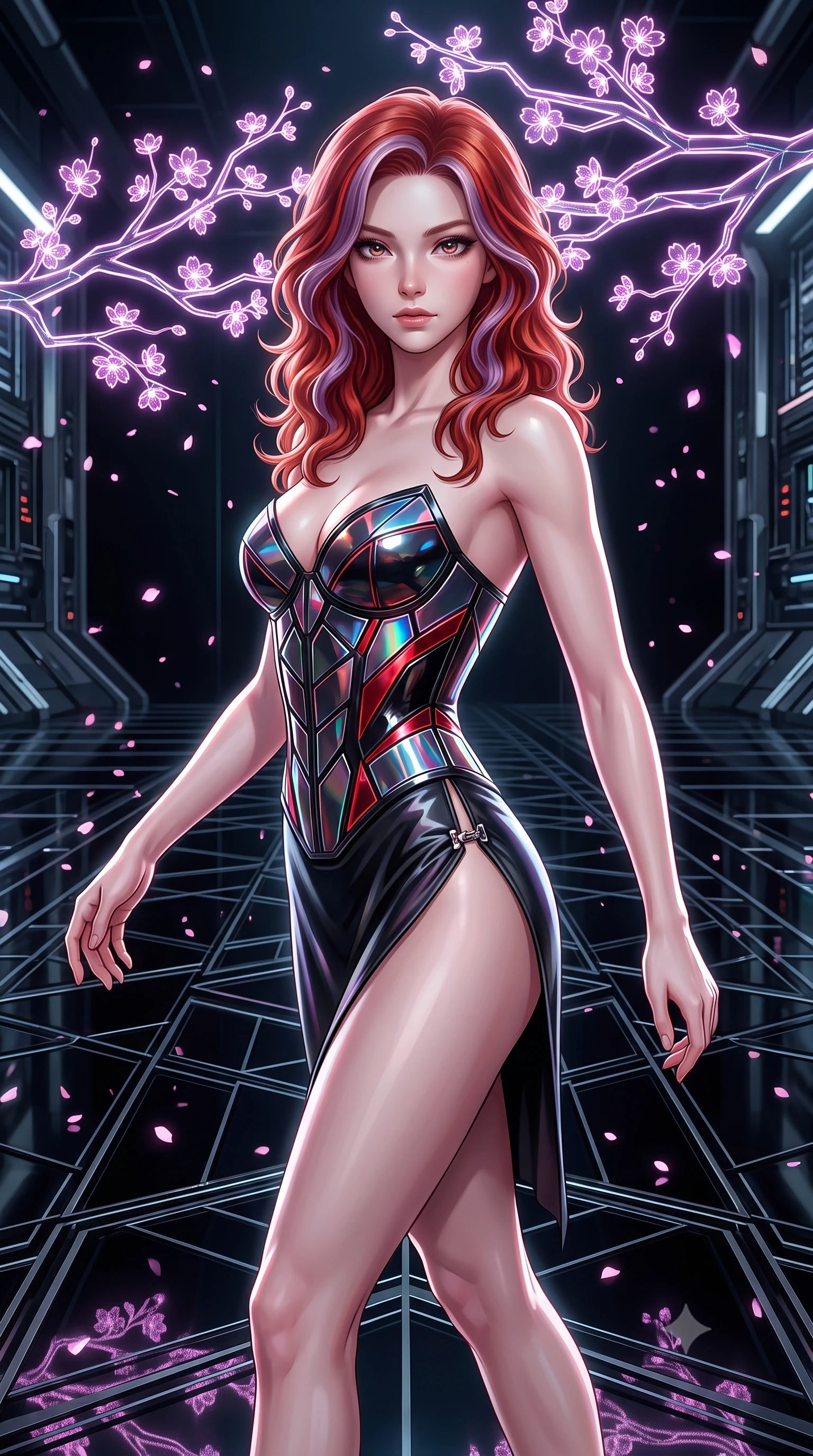 score_9, masterpiece, best quality, ultra-detailed, high-budget anime keyframe, editorial fashion photography, tasteful artistic composition, Caucasian woman. close-up cowboy shot from the waist and thighs up, the character dominates the composition, filling the frame with her large presence. gazing forward with divine sovereign poise, captivating jewel-like eyes shining with transcendent luminescence and alluring grace while pivoting dynamically on a black glass runway as holographic cherry blossom branches branch out in glowing neon lines. The surrounding environment is rendered in vivid detail and crisp panoramic clarity. razor-sharp cybernetic stained-glass lead lines, distinct digital sakura petal pixels, and black glass floor in deep focus. She has an exceptionally elegant, slender, and willowy female figure with an ultra-slim waist, a gracefully sculpted slender torso, toned flat midriff, and a refined slim silhouette. sharp v-shaped jawline, high-bridge nose, intricate jewel-like eyes with depth, thick eyelashes, glossy lips with a natural sheen, flawlessly proportioned anatomical accuracy, strict slender model proportions, natural body alignment, perfectly sculpted long slender limbs, ultra-slim waistline, clean dynamic posture without body distortion. wearing a precision-tailored holographic cyber-corset with geometric iridescent plating and an ultra-slim waist-cinching silhouette in high-gloss obsidian black and burning laser crimson accents, made of liquid jersey fabric that clings flawlessly to every contour of her build, finished with an ultra-high side slit secured by miniature magnetic clasps, the form-contouring material adhering flawlessly to her sculpted flat midriff and slender torso, emphasizing her long leg lines and perfectly proportioned willowy build. illuminated by crisp white key light and sharp specular highlights tracing her sculpted silhouette. ultra-reflective glossy finish, specular highlights, dark metallic sheen, high-contrast stereoscopic depth, volumetric dynamic lighting, 2k, ultra detail, master piece, 9:16 ratio